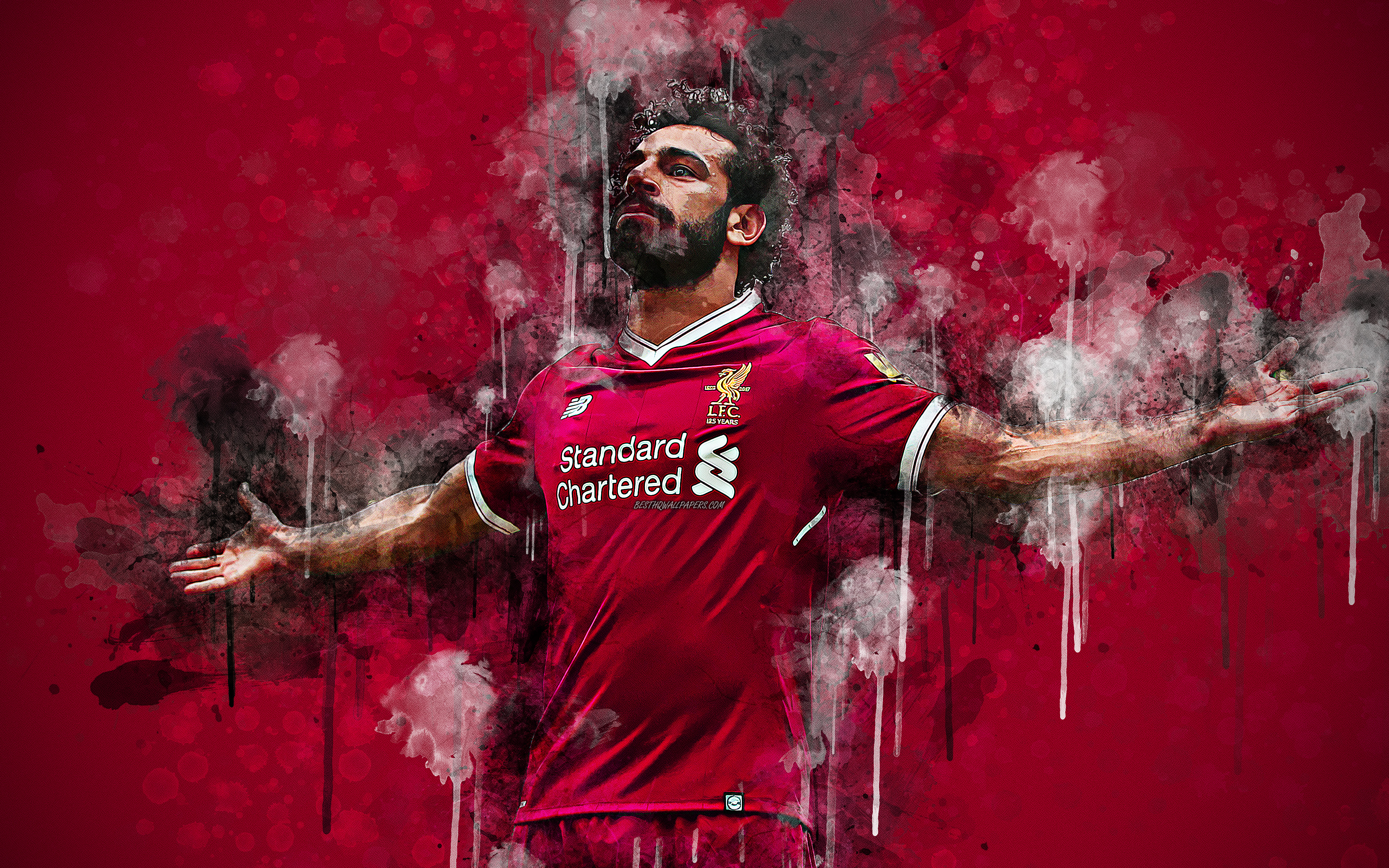 Download wallpaper Mohamed Salah, 4k, egyptian footballer, Liverpool FC, face, art, creative portrait, bright colorful splashes, paint art, red grunge background, Premier League, England, football for desktop with resolution 3840x2400. High Quality