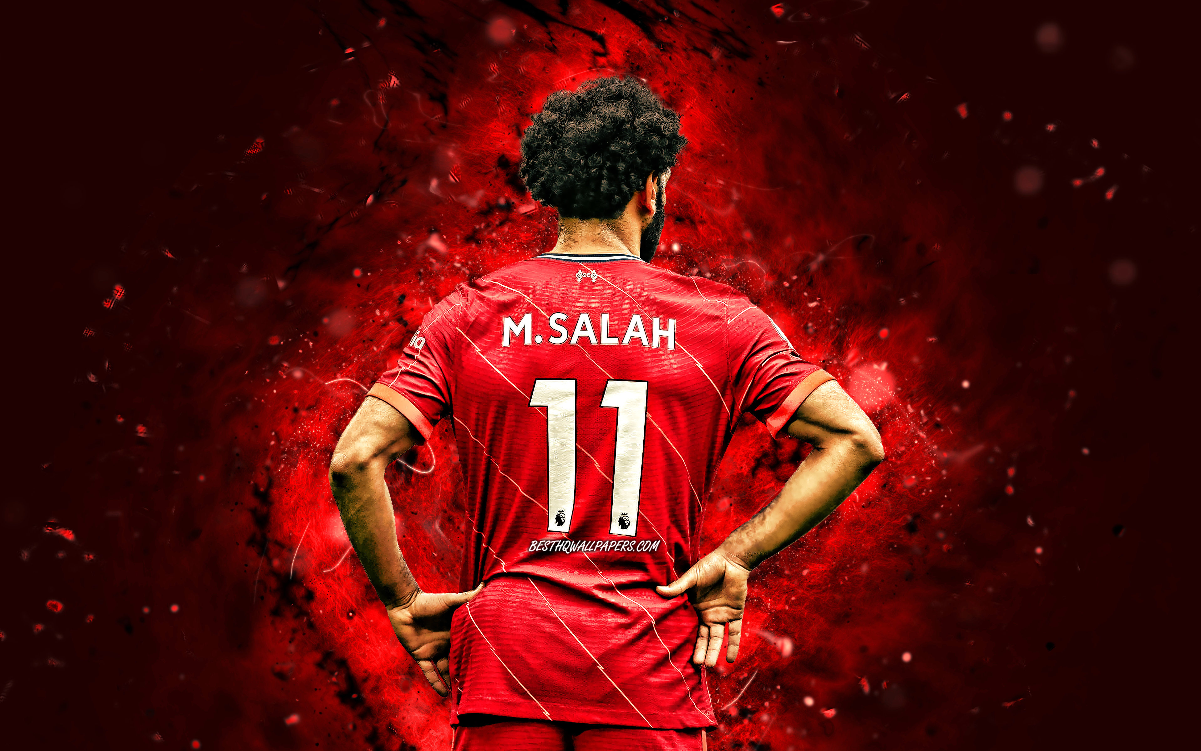 Download wallpaper Mohamed Salah, back view, Liverpool FC, 4k, red neon lights, egyptian footballers, soccer, Premier League, football, Mohamed Salah 4K, Mo Salah, Mohamed Salah Liverpool for desktop with resolution 3840x2400. High