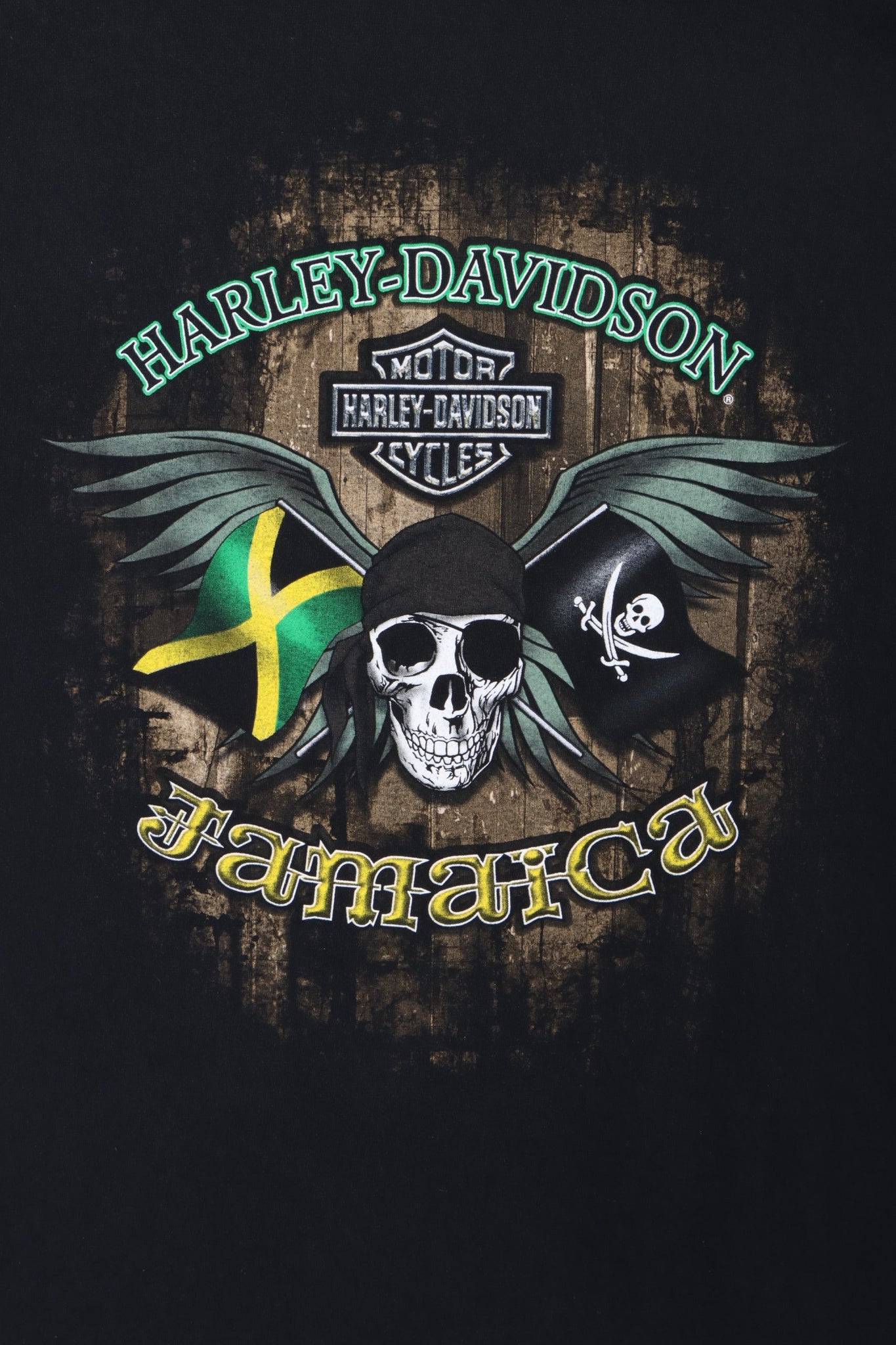 HARLEY DAVIDSON Jamaica Pirate Skull Front Back T Shirt (L). Vintage Sole Melbourne