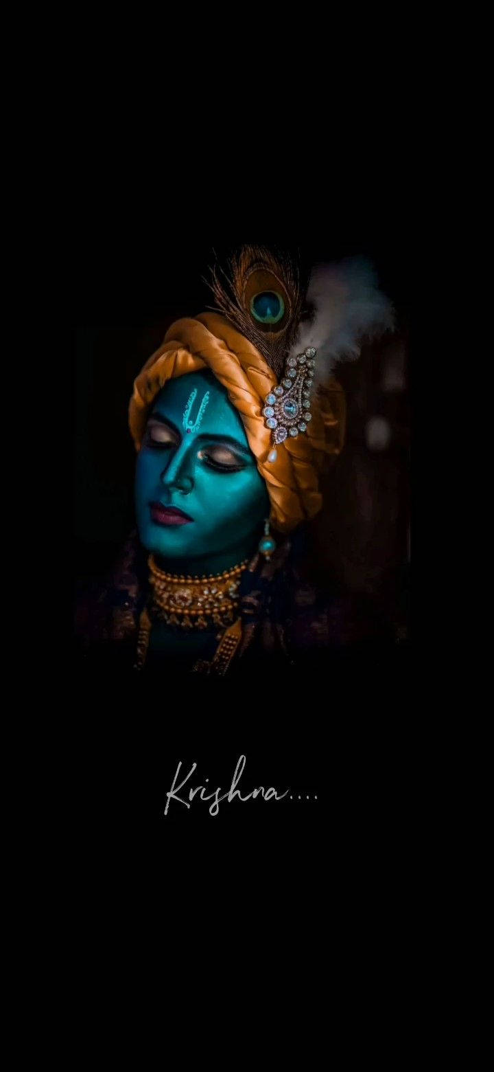 Download Krishna Phone Blue Face With Text Wallpaper