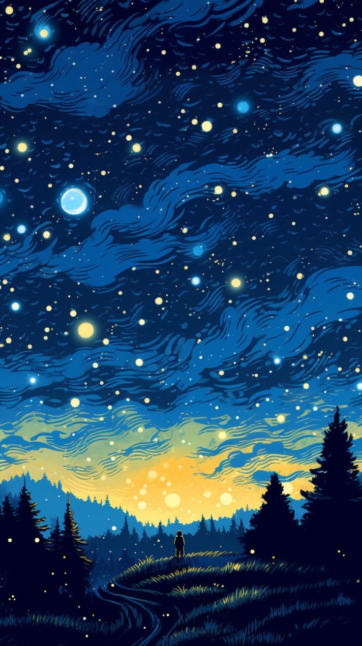 Illustrative Aesthetic Night Sky Phone Wallpaper. Starry night wallpaper, Starry night van gogh, Starry night art
