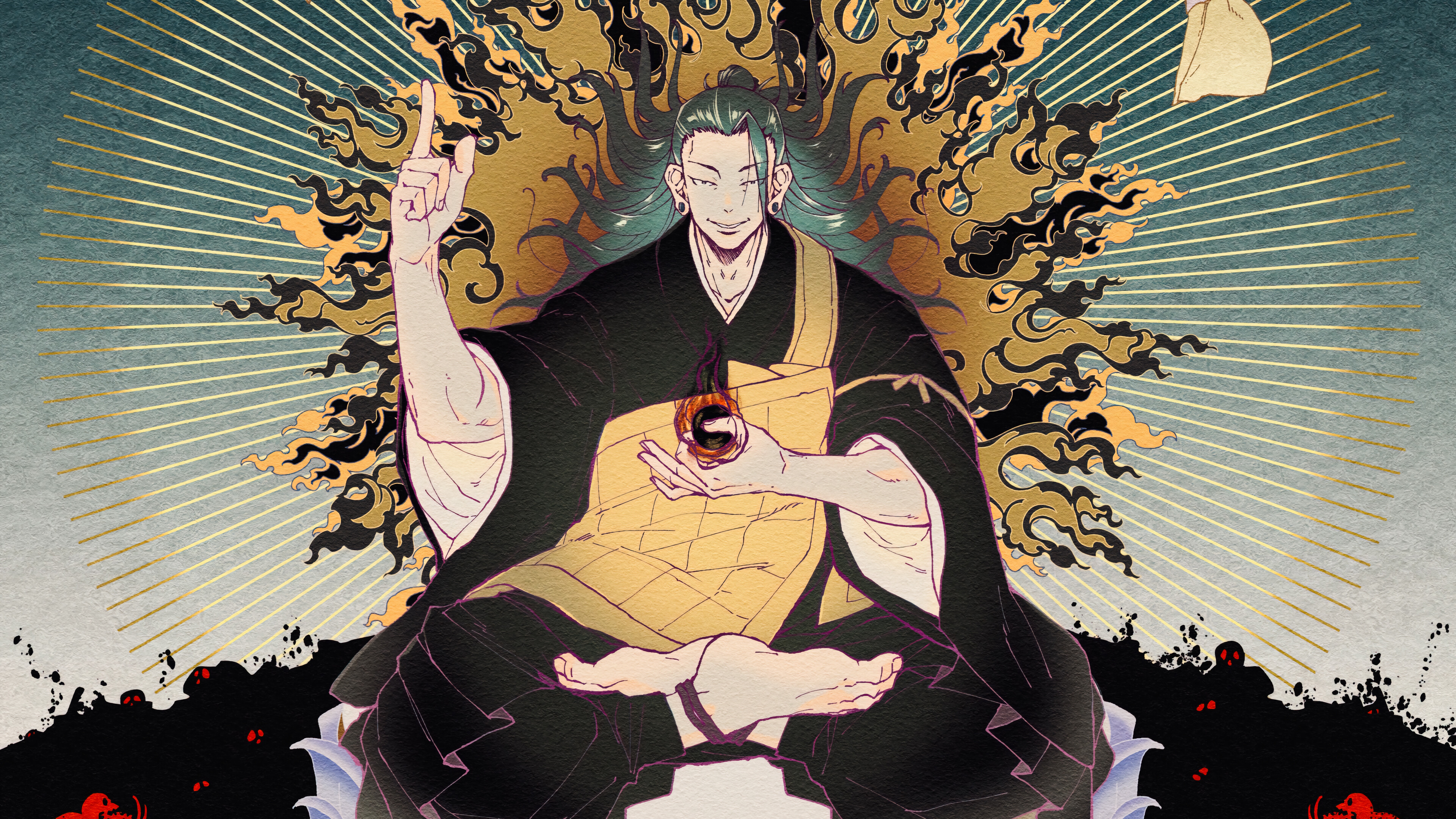 long hair, looking at viewer, legs crossed, Suguru Geto, Jujutsu Kaisen, anime, anime boys, earring, kimono, minimalism, simple backgroundx2160 Wallpaper