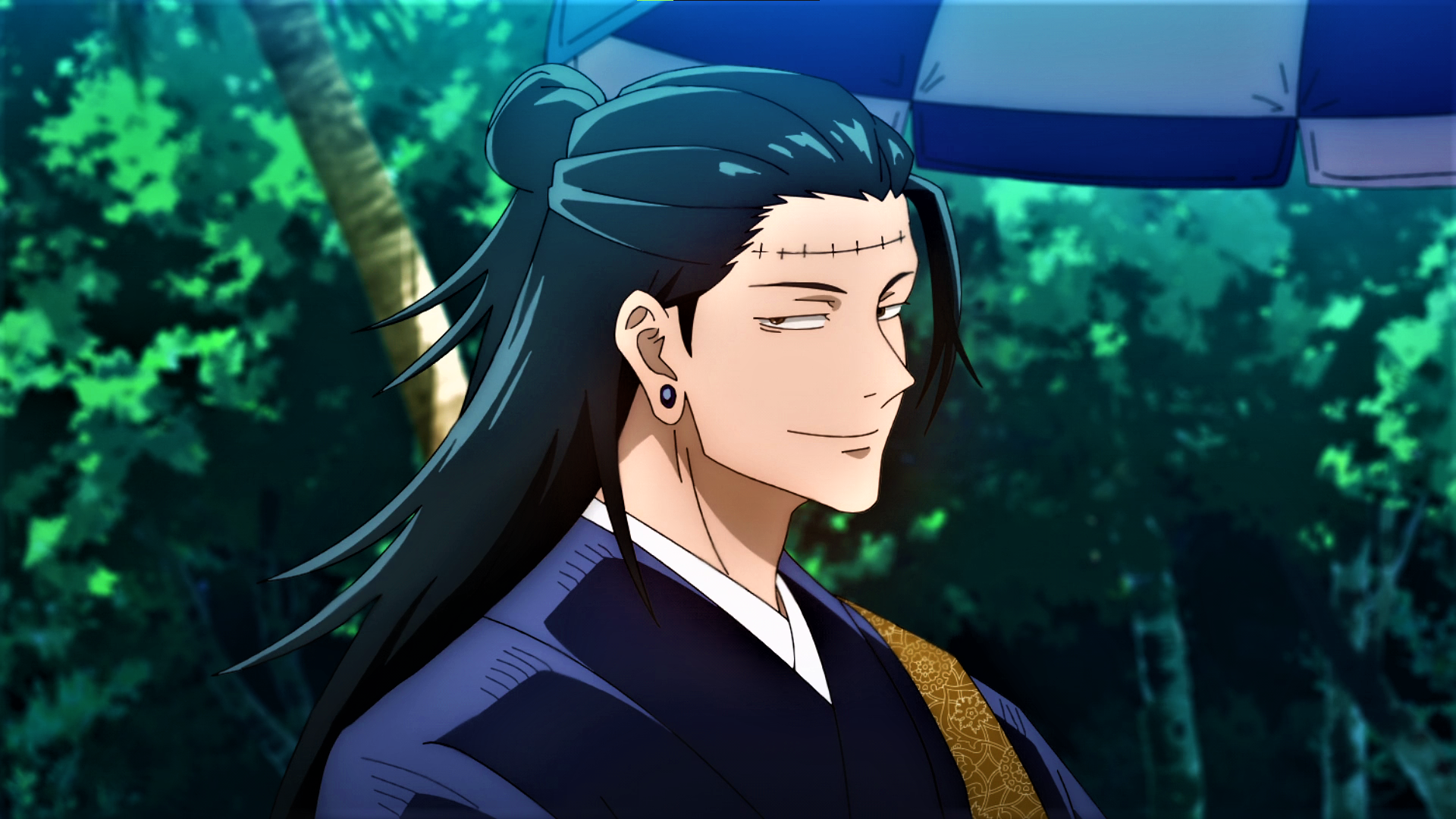 Jujutsu Kaisen, Suguru Geto, nature, trees, uniform, anime, Anime screenshot, anime boys, earringx1080 Wallpaper