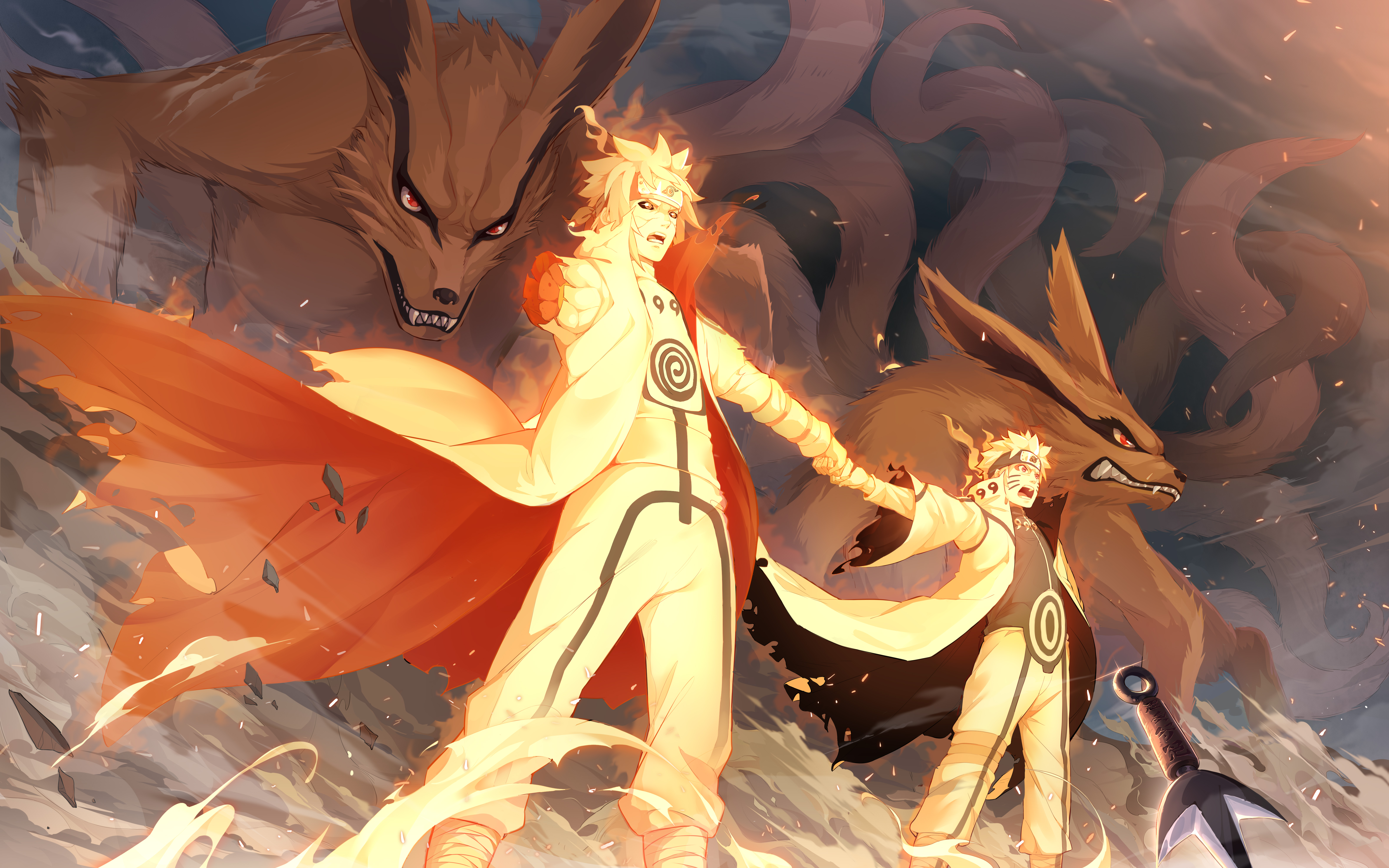 uzumaki naruto, namikaze minato, and kurama (naruto and 1 more) drawn