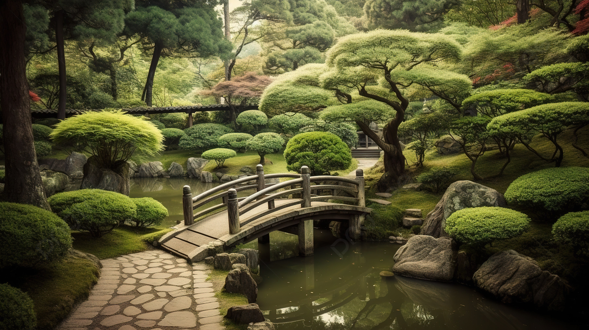 Japanese Garden With A Bridge And Wooded Areas Background, Small Japanese Gardens Picture Background Image And Wallpaper for Free Download