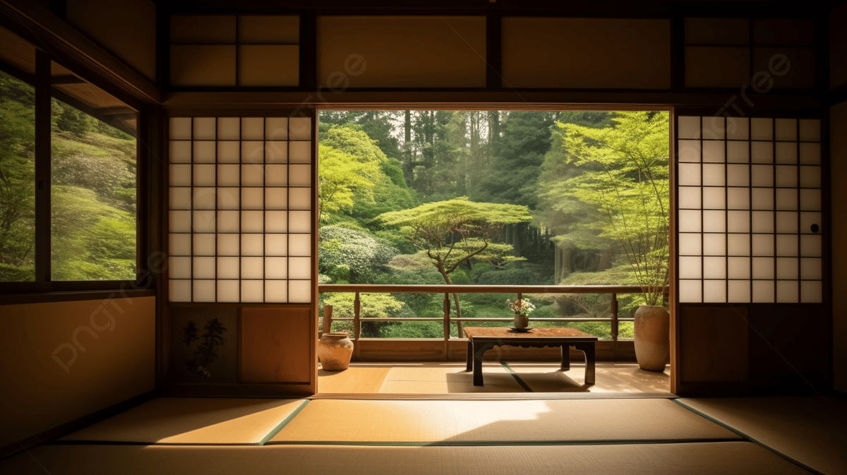 Japanese Room With Large Window And Floor Of Green Plants Background, A Pure Esestyle Room With