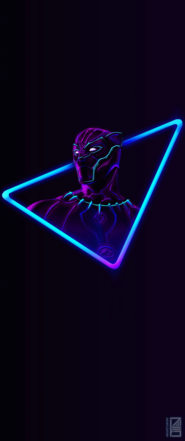 I Upscaled the Neon Black Panther artwork for phone wallpaper (18:9); Artwork