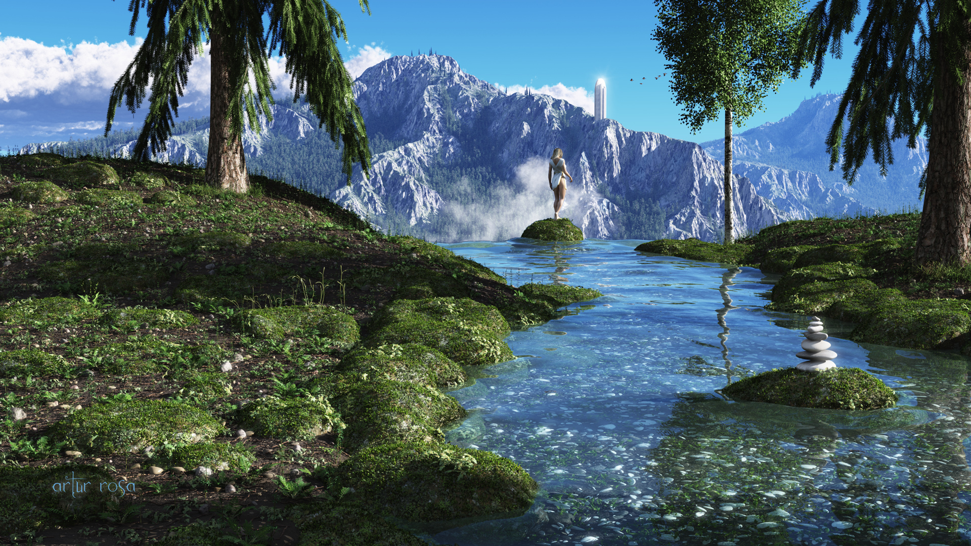 Rivers Mountains Fantastic world Grass 3D Graphics Nature Fantasy wallpaperx1080