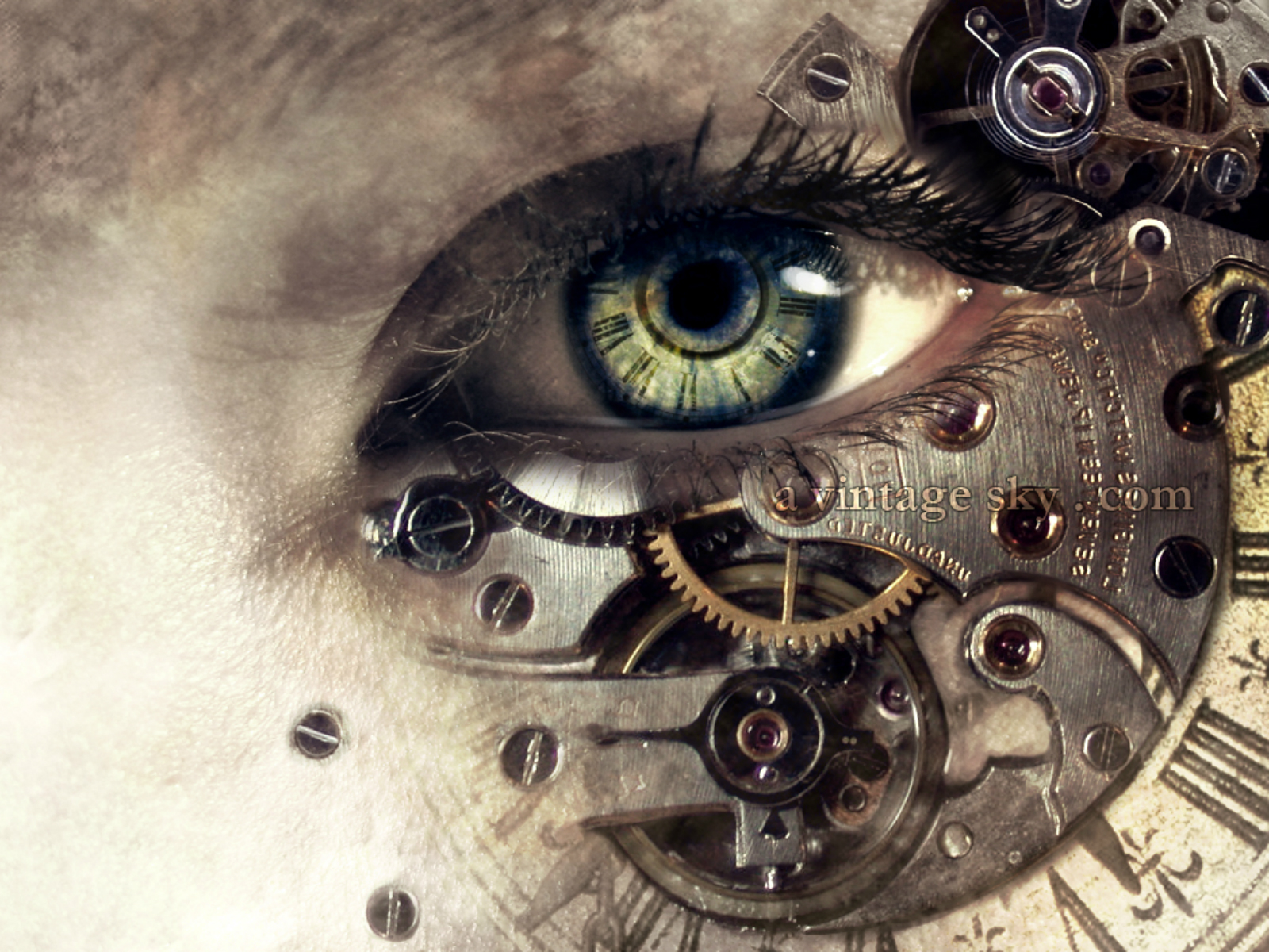 Steampunk cyborg eyes gear cogs wallpaperx1200