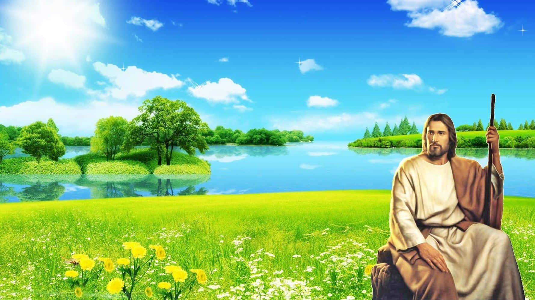 Download Jesus in Heaven Sitting Against Green Landscape Wallpaper
