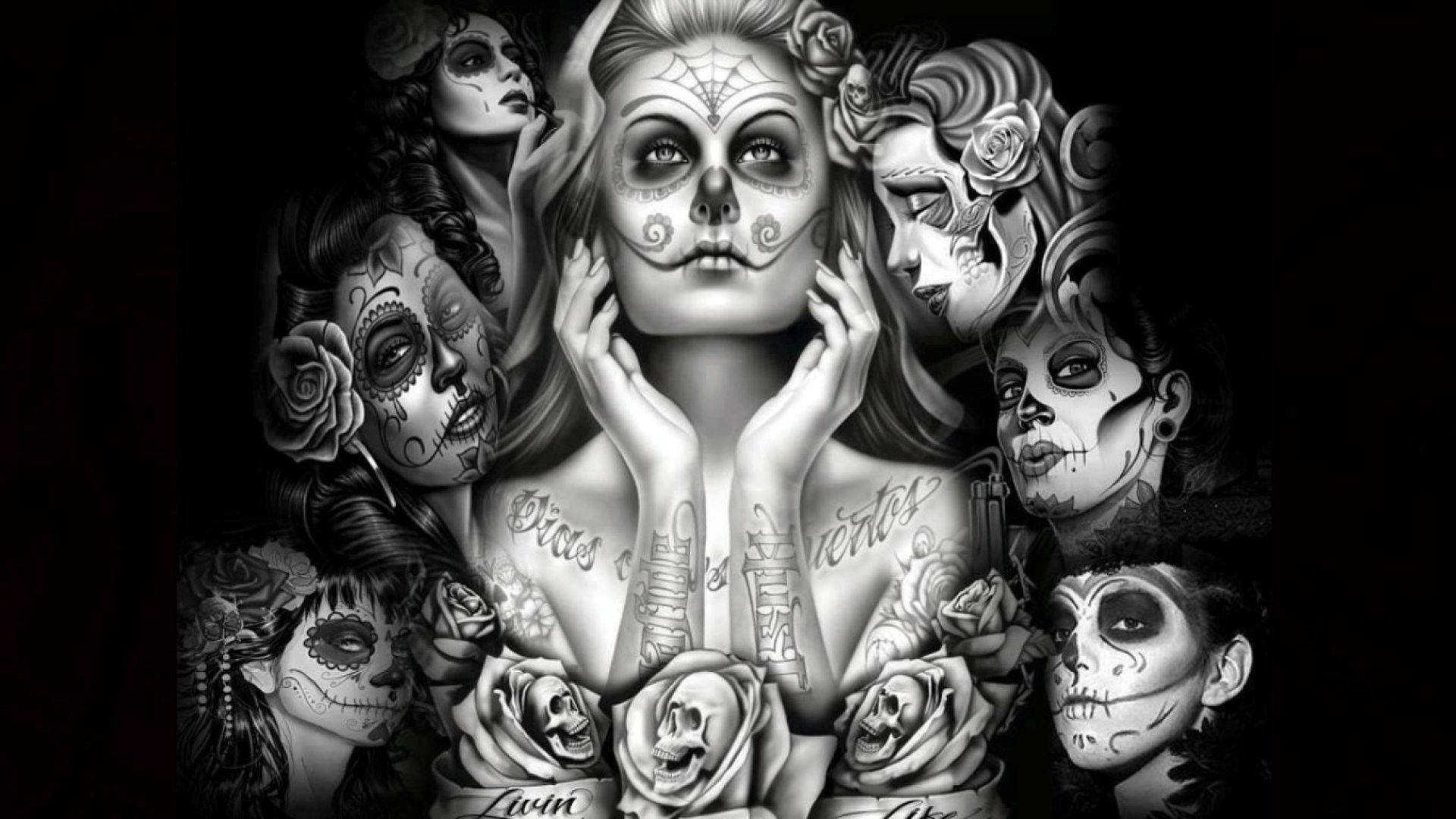 Download Intricate Chicano Art Featuring Strong Chicana Women Wallpaper