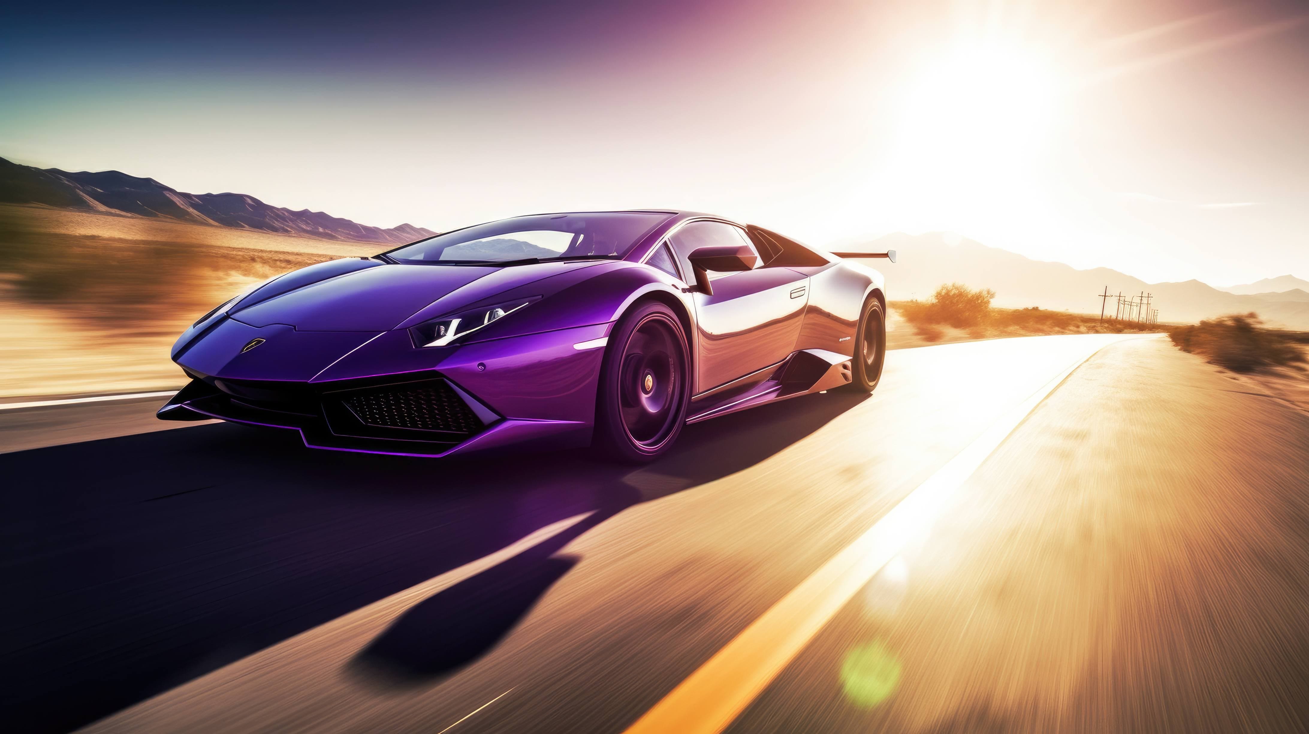 A purple Lamborghini car driving on a road
