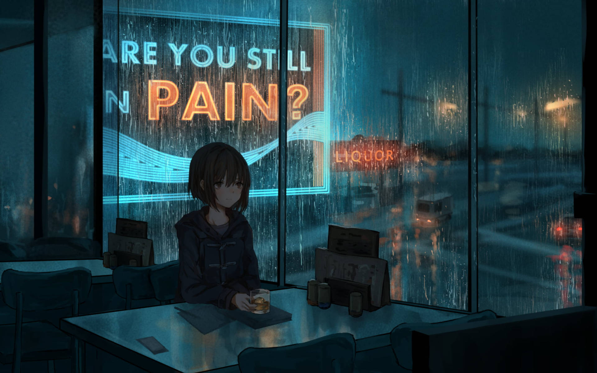 Download A contemplative anime girl alone in a cozy café Wallpaper