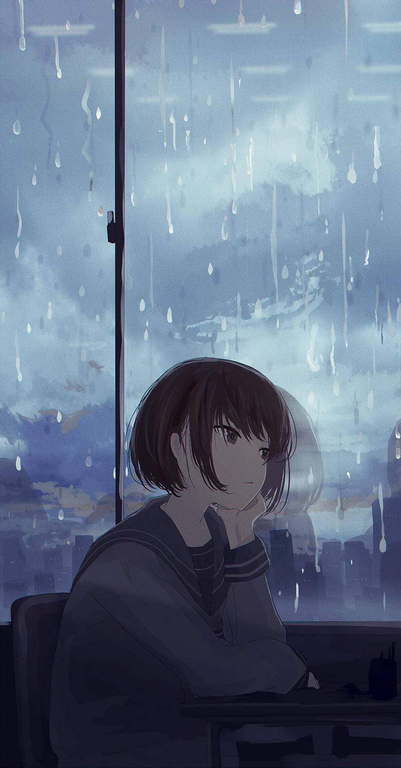 Download A lonely anime girl stares at her phone, feeling despondent. Wallpaper