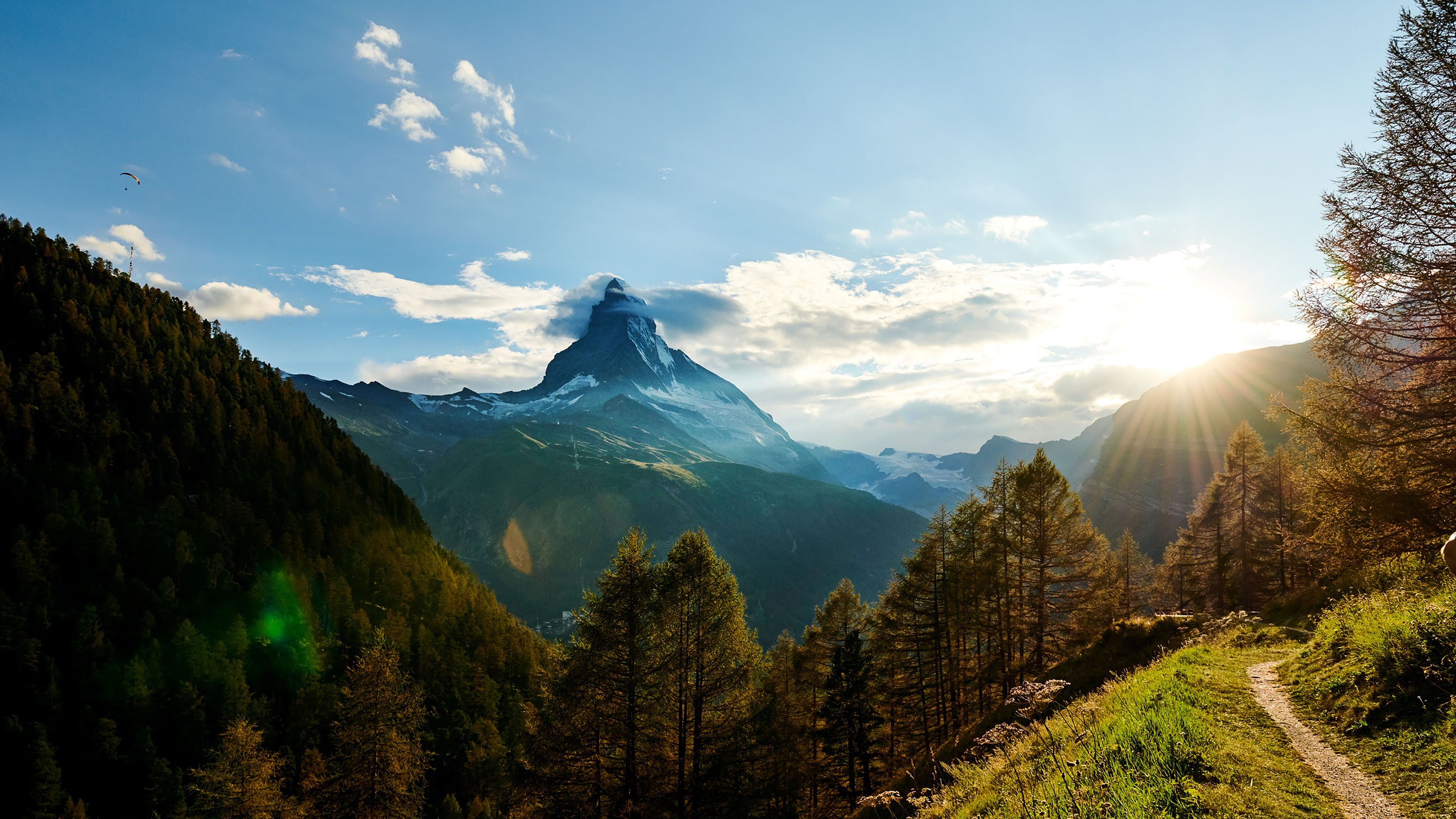 Mountains Sunlight Forest Trees 4K Wallpaper