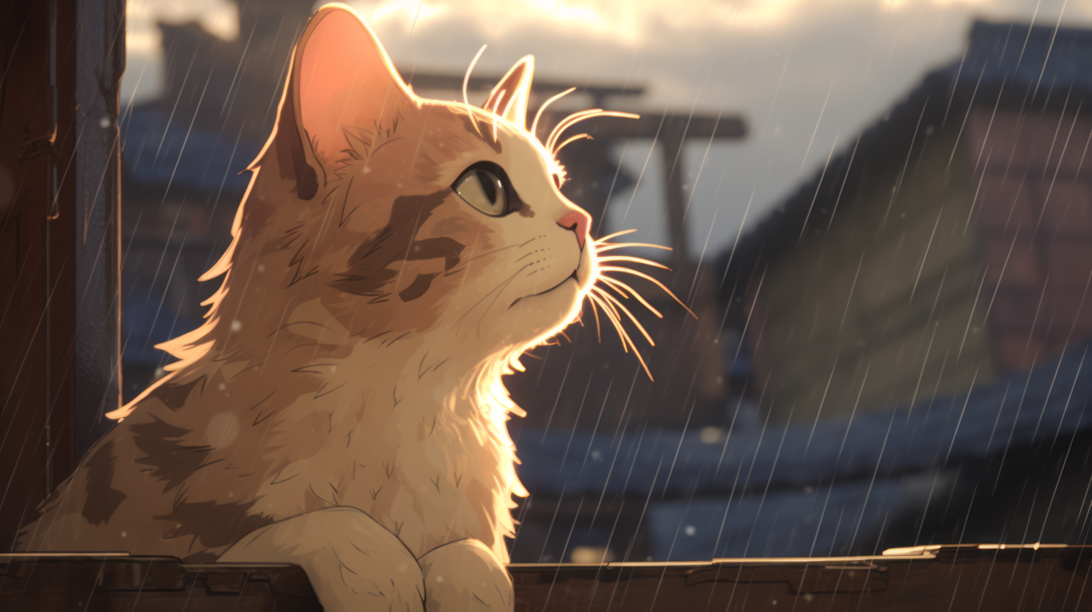 Anime Cat With Rain Wallpaper