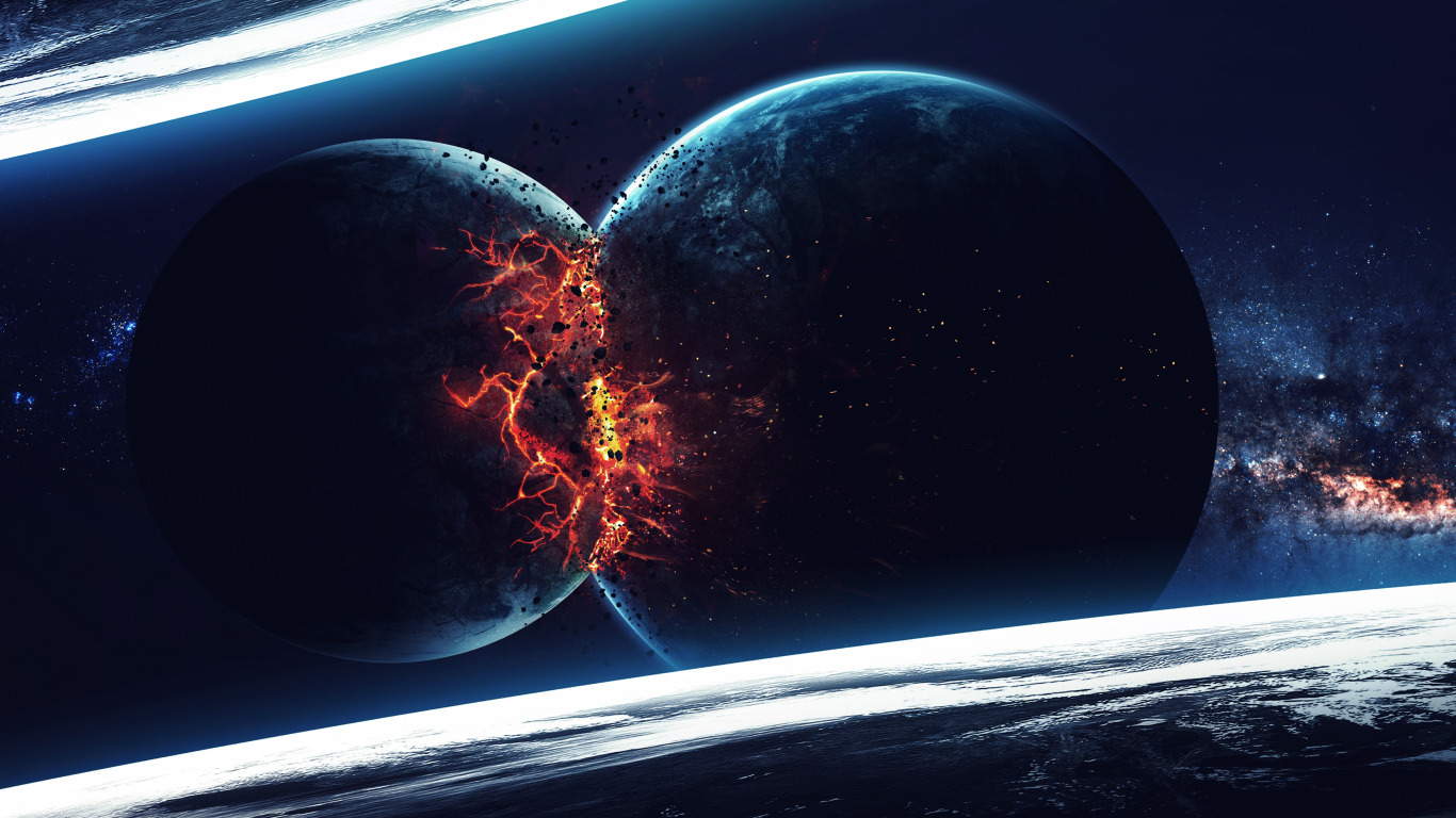 Download wallpaper planets, destruction, sci fi, collision, section space in resolution 1366x768