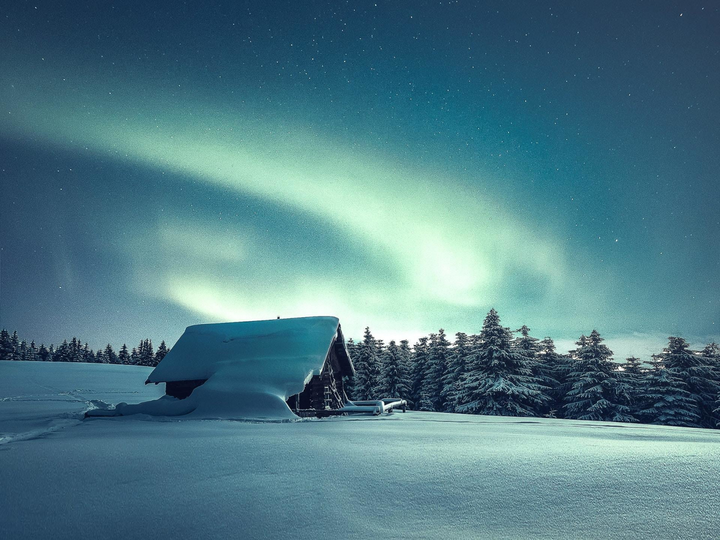 Download wallpaper 1400x1050 winter, hut, landscape, northern lights, standard 4:3 fullscreen 1400x1050 HD background, 19034