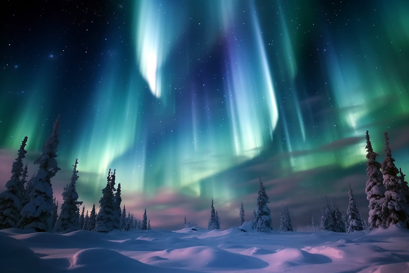 Free picture: Aurora borealis northern hemisphere light on idyllic winter landscape