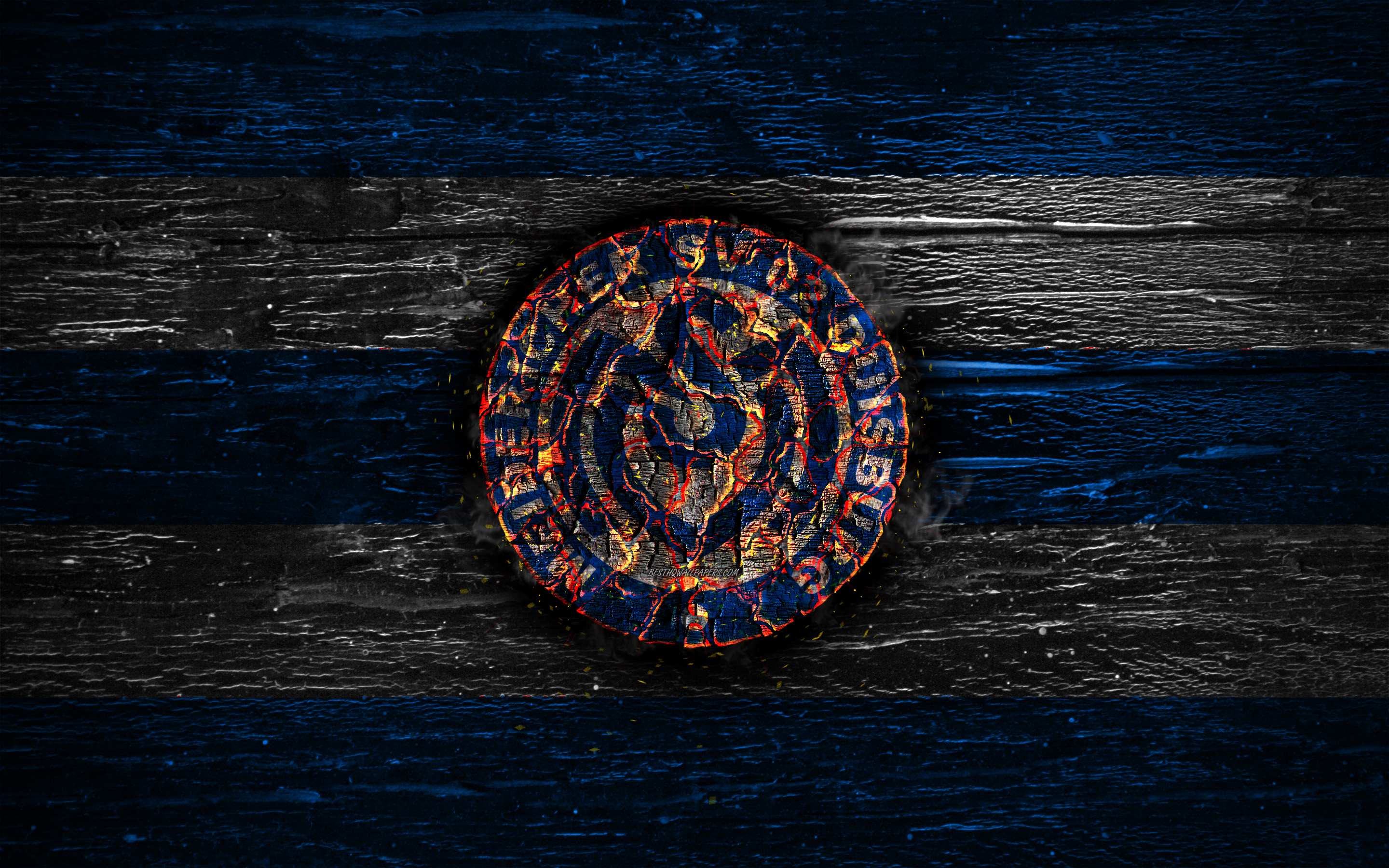 Download wallpaper Duisburg FC, fire logo, Bundesliga 2, blue and white lines, german football club, grunge, football, soccer, logo, MSV Duisburg, fire logo of Duisburg, Germany for desktop with resolution 2880x1800. High
