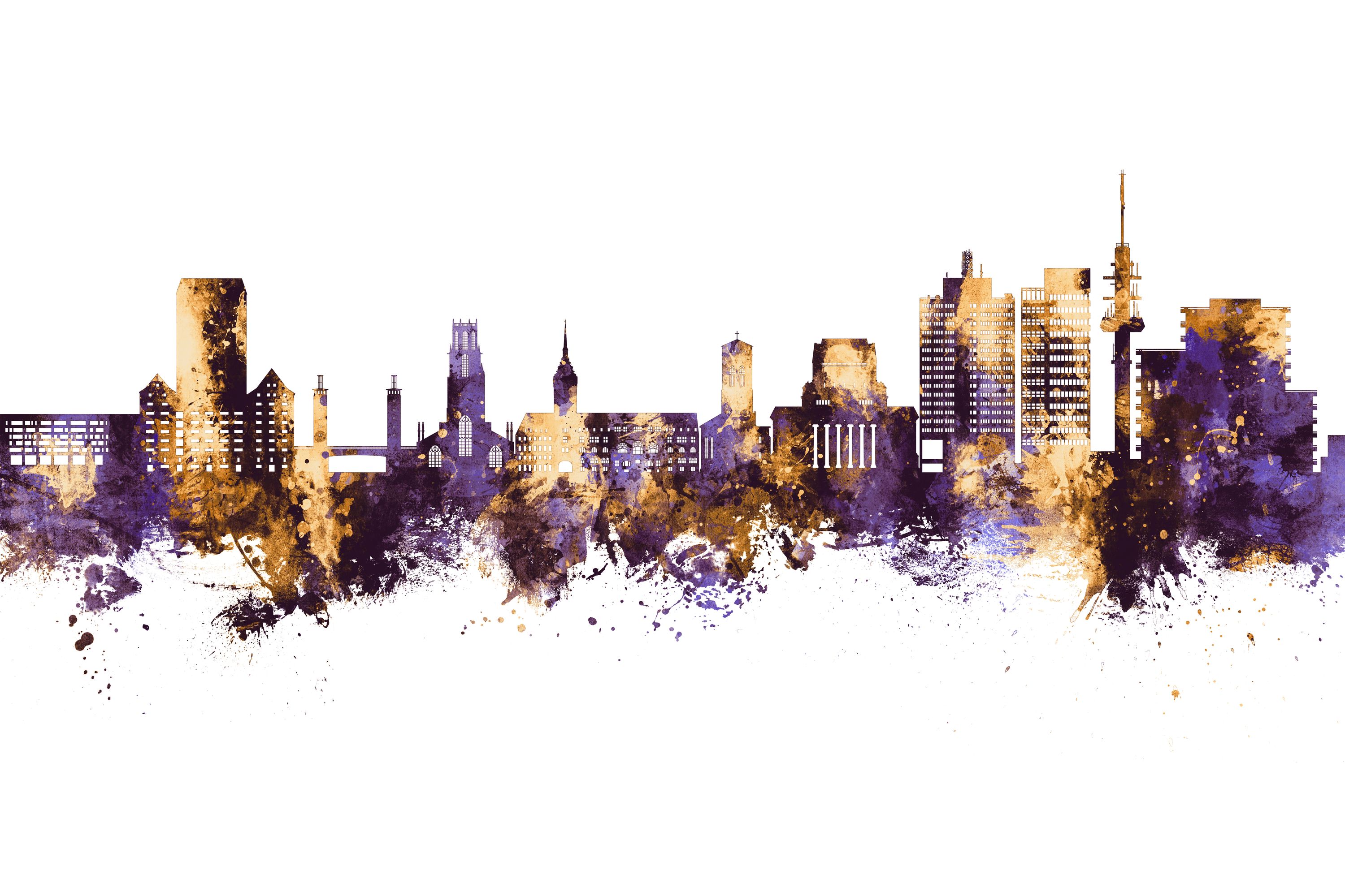 Duisburg Germany Skyline Purple & Gold premium wallpaper mural. Shop customized walls on wallism.com