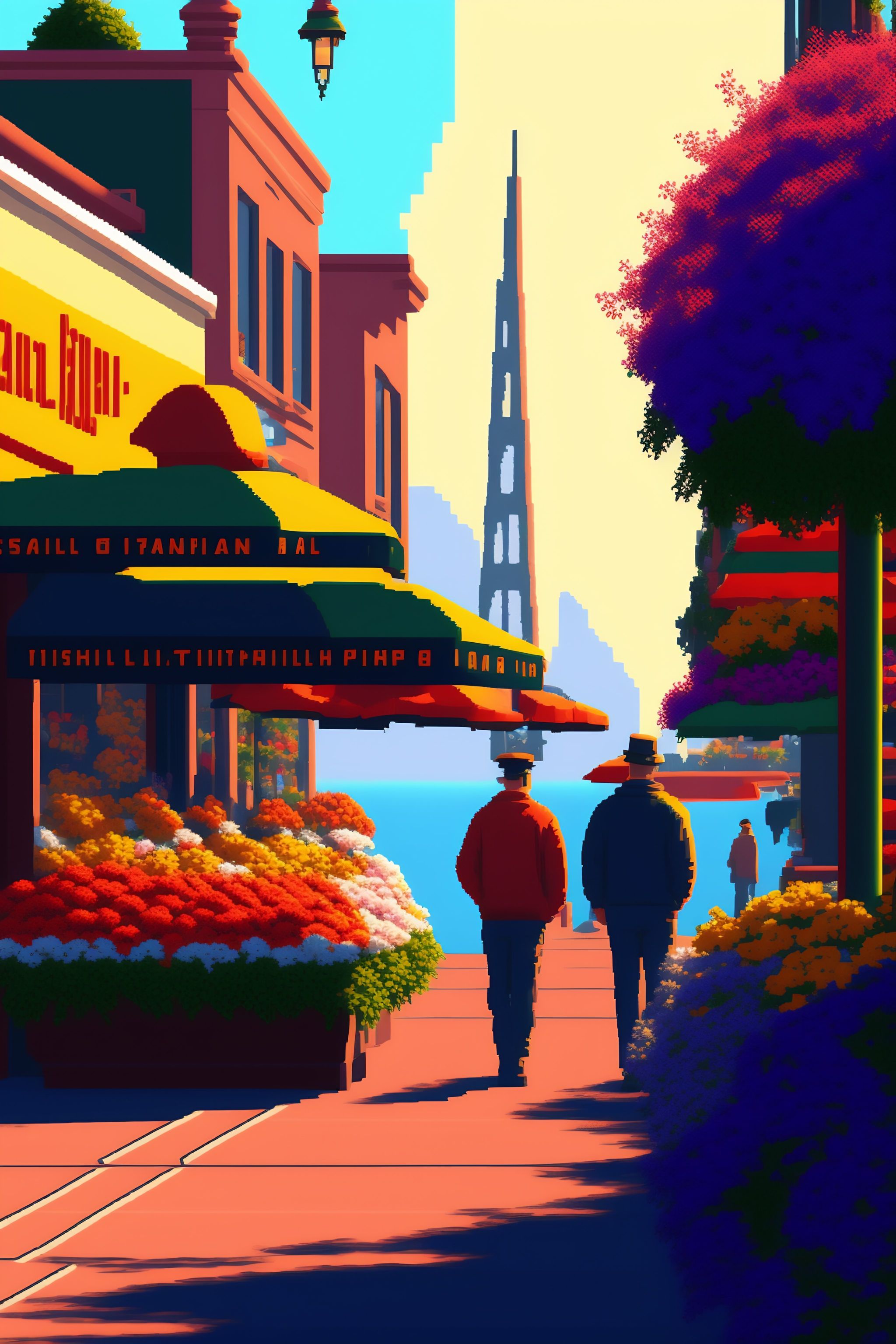 Pixel art san francisco fisherman's wharf. 3D pixel art 4k wallpaper. incredible pixel art details. flowers. pixel art. lots of people in fo