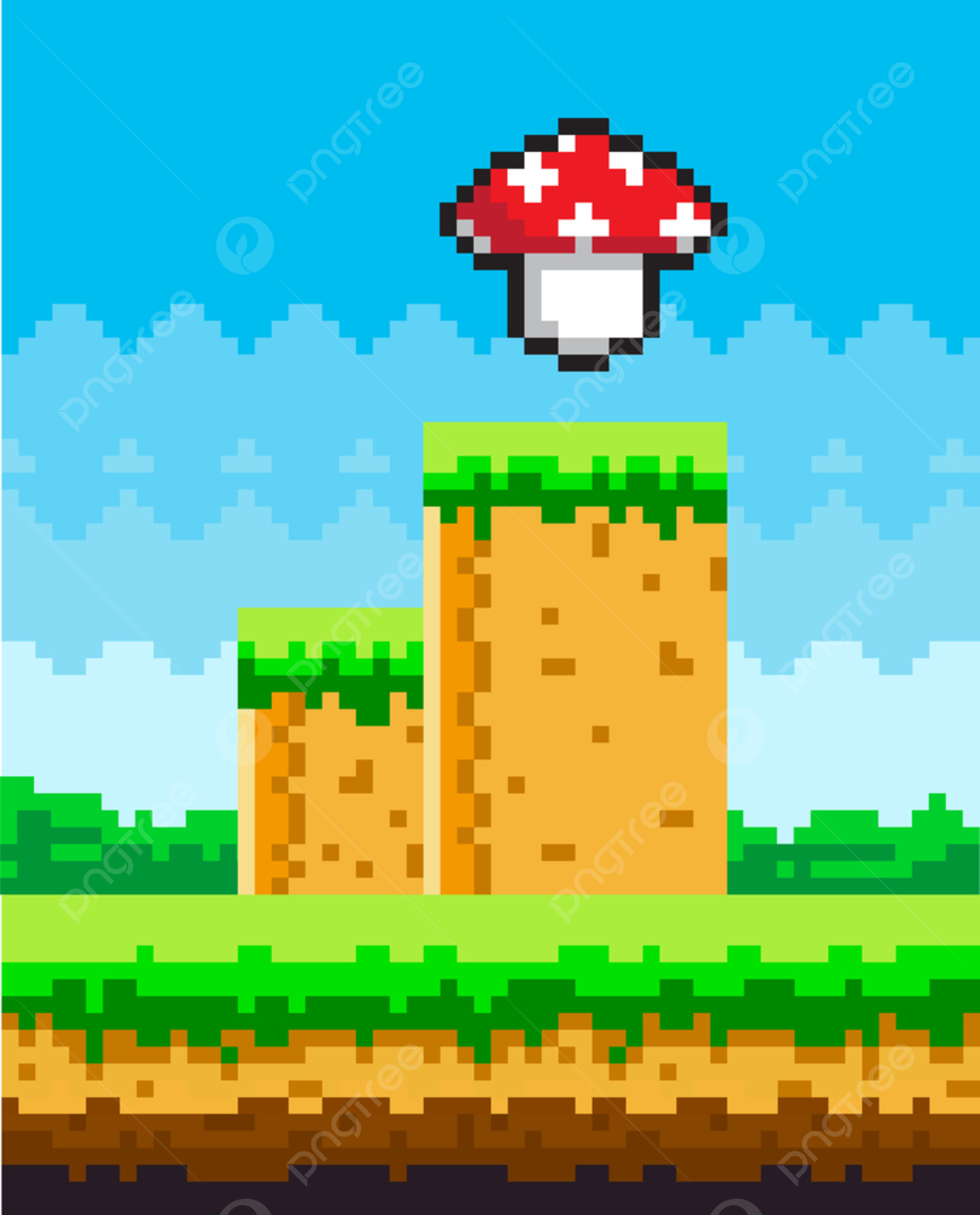 Pixel Art Game Background With Magic Mushroom In Sky Wallpaper Image For Free Download