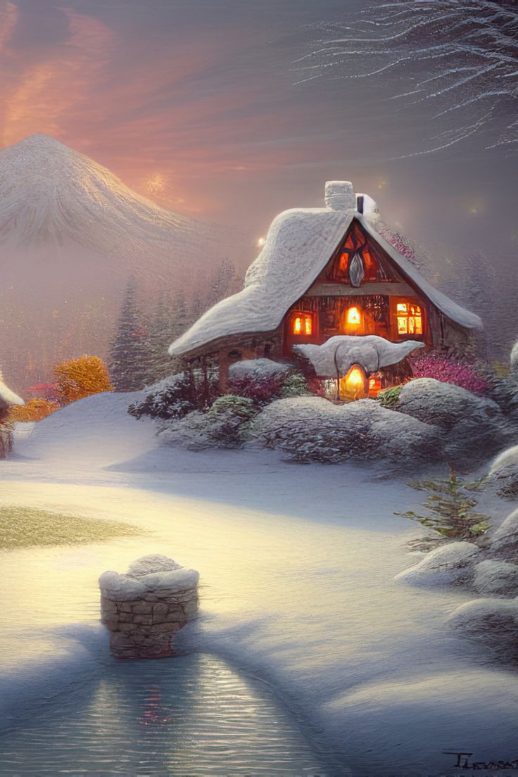 Magical Fantasy Cottage with Lights In A Snowy Scene, Scenery Nature. Winter christmas scenes, Fantasy art landscapes, Winter picture