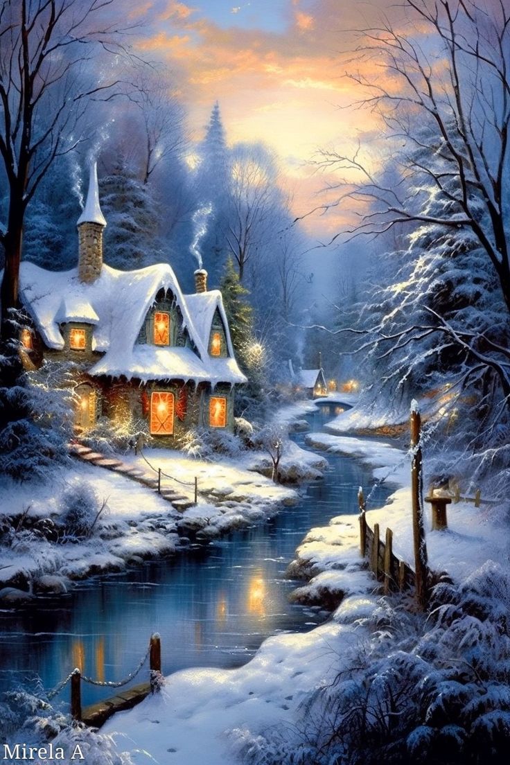 Christmas. Cottage painting, Landscape artwork, Winter scenery