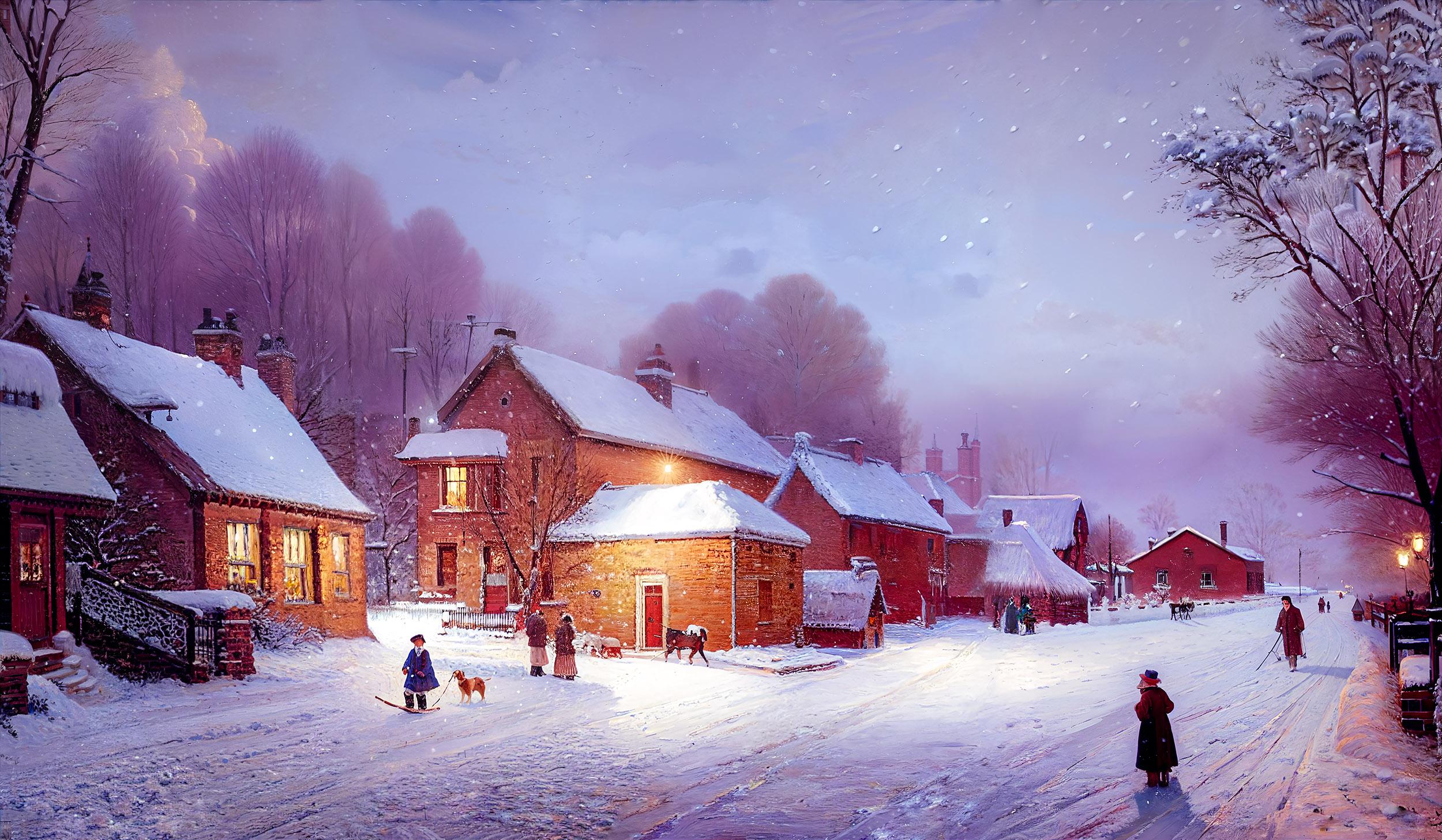 A small village in a snowy winter landscape