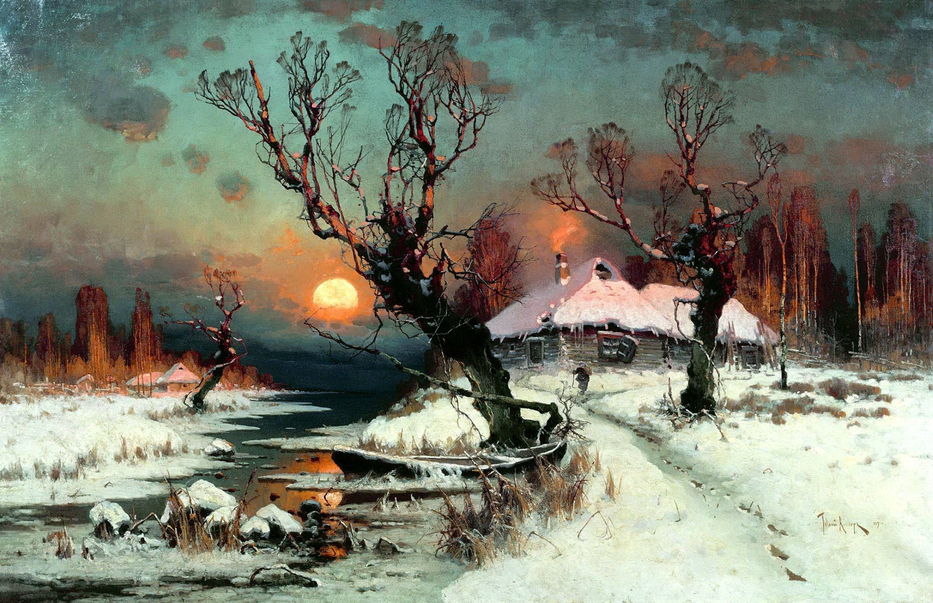 winter, Sun, snow, classic art, cottage, painting (1854x1200px) on Wallls.com