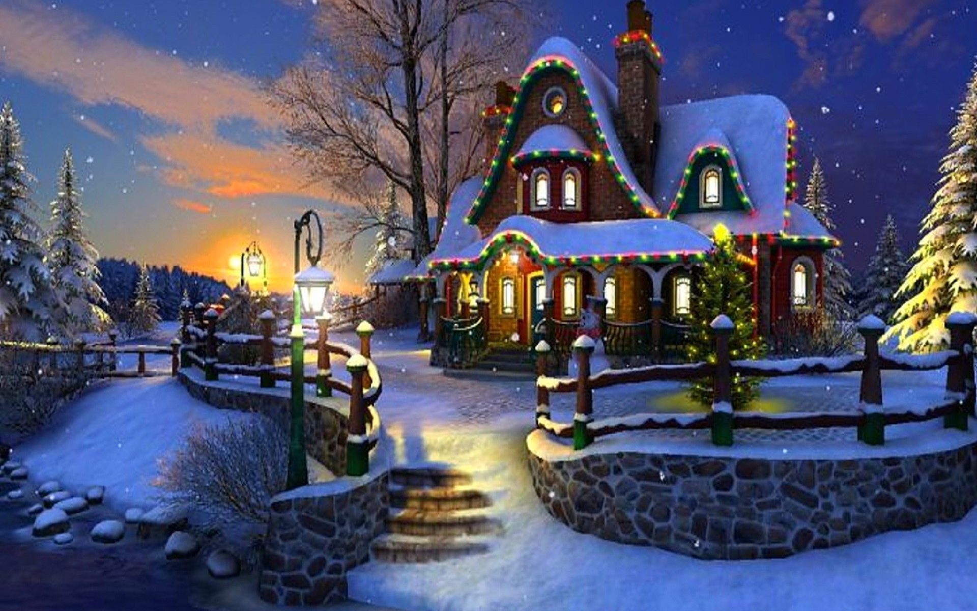 HD desktop wallpaper: Winter, Snow, Light, Fence, Artistic, Cottage download free picture