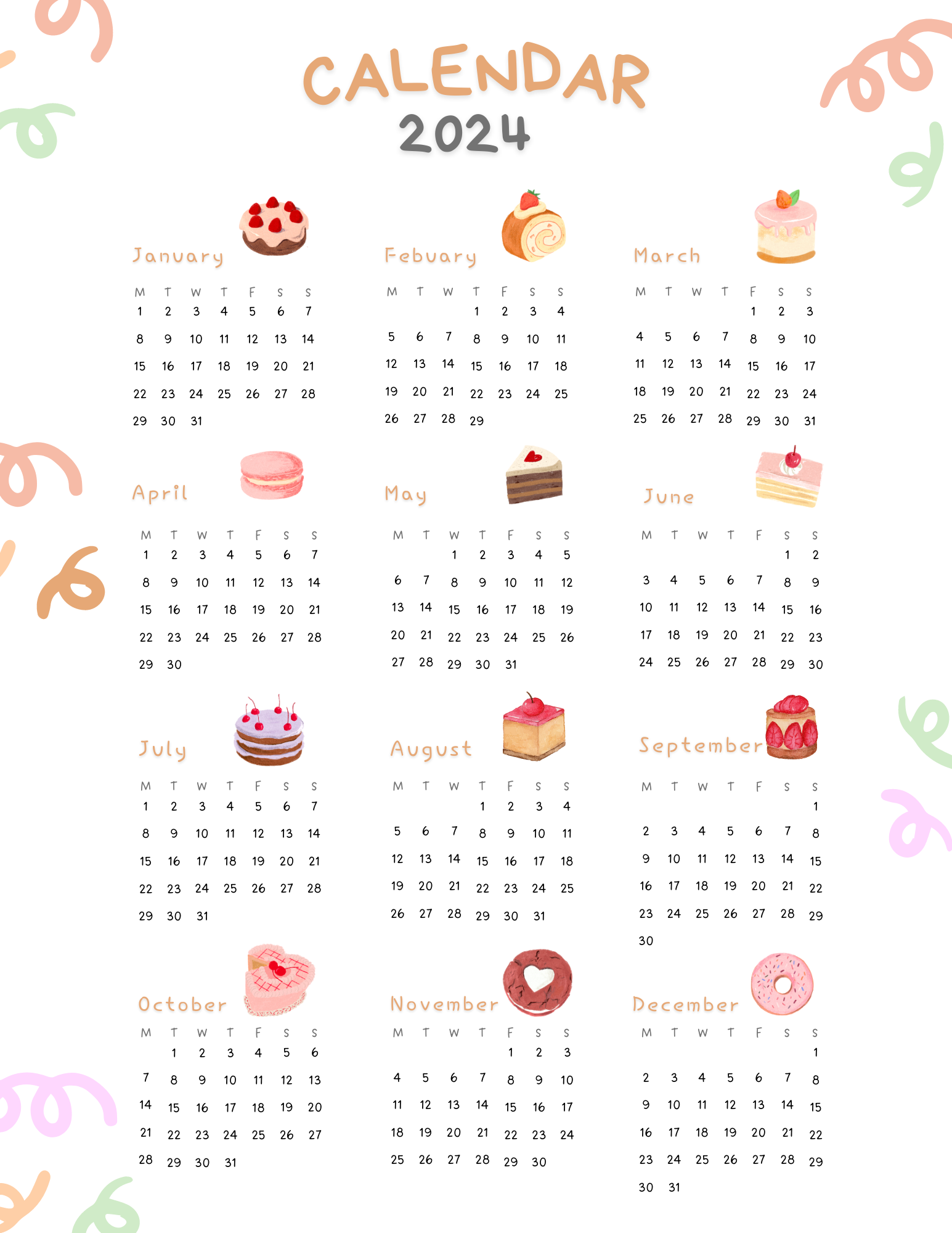 Kids Calendar 2024 Printable January to December 2024