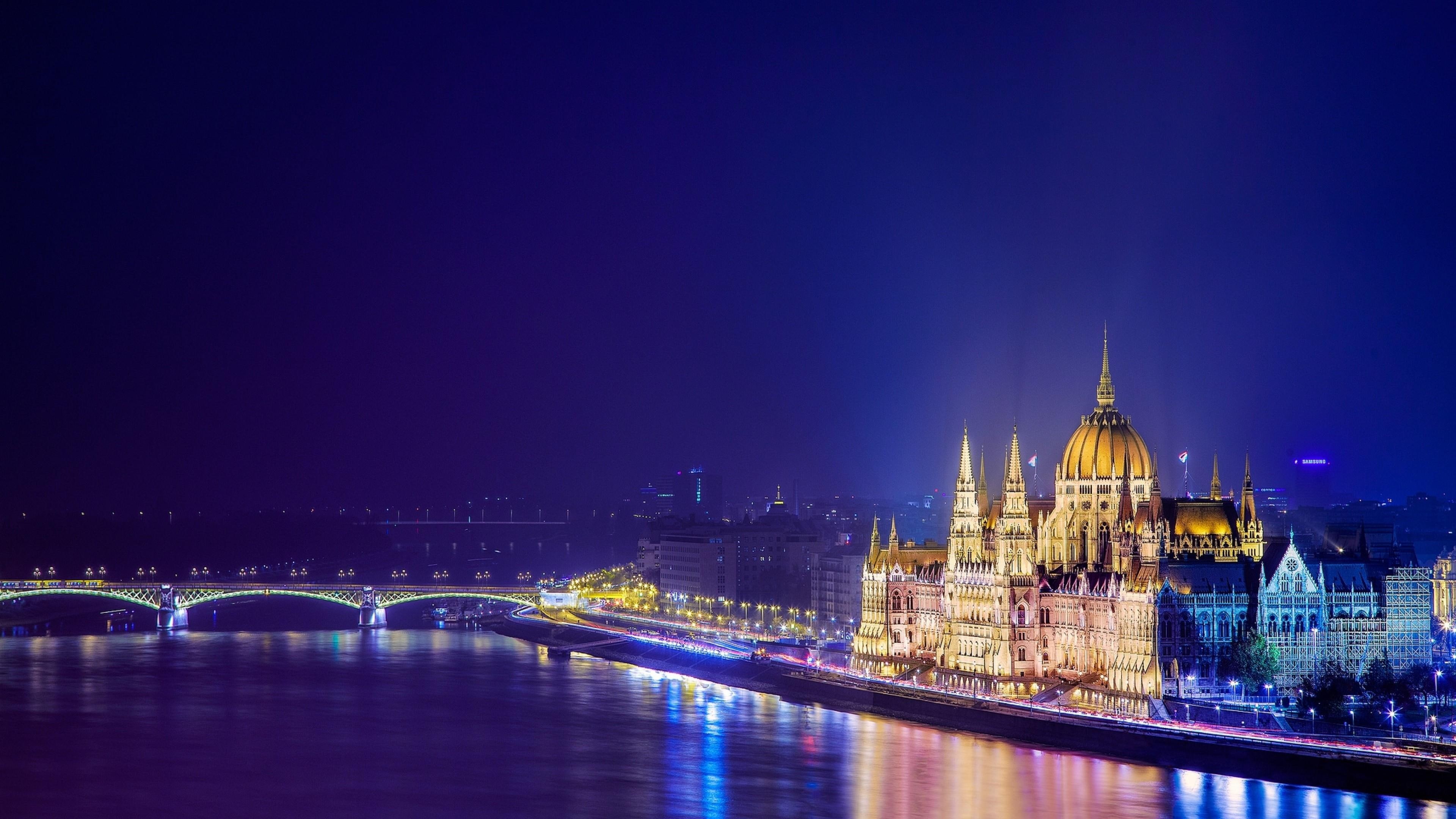 Wallpaper / cityscape, danube, scenery, night lights, lights, river, parliament, hungary, night, budapest, 4K, bridge Wallpaper