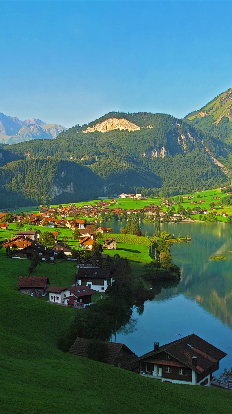 Switzerland, Mountains, Lake, Village 750x1334 IPhone 8 7 6 6S Wallpaper, Background, Picture, Image