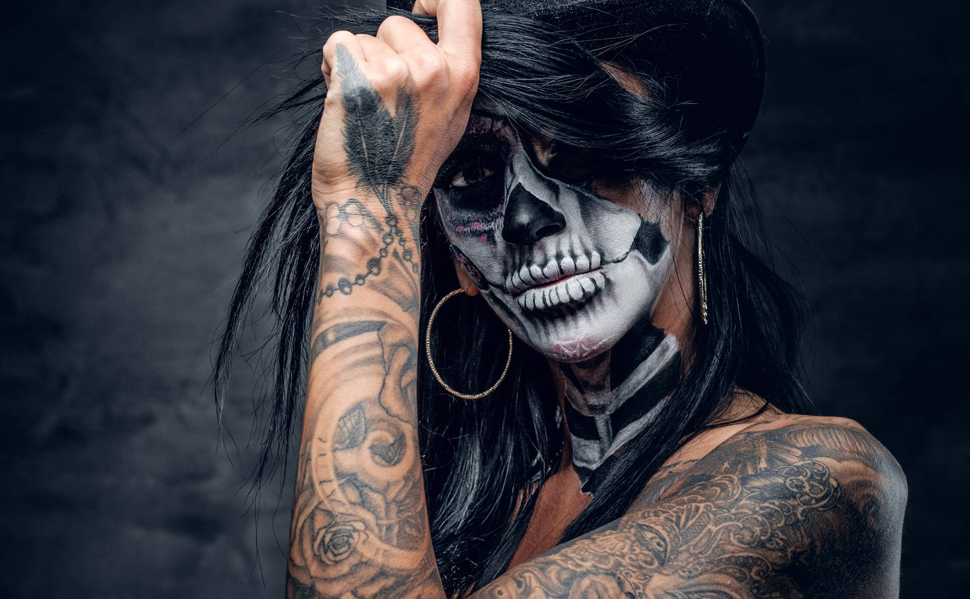 Download Striking Skeleton Girl HD Tattoo Design Wallpaper