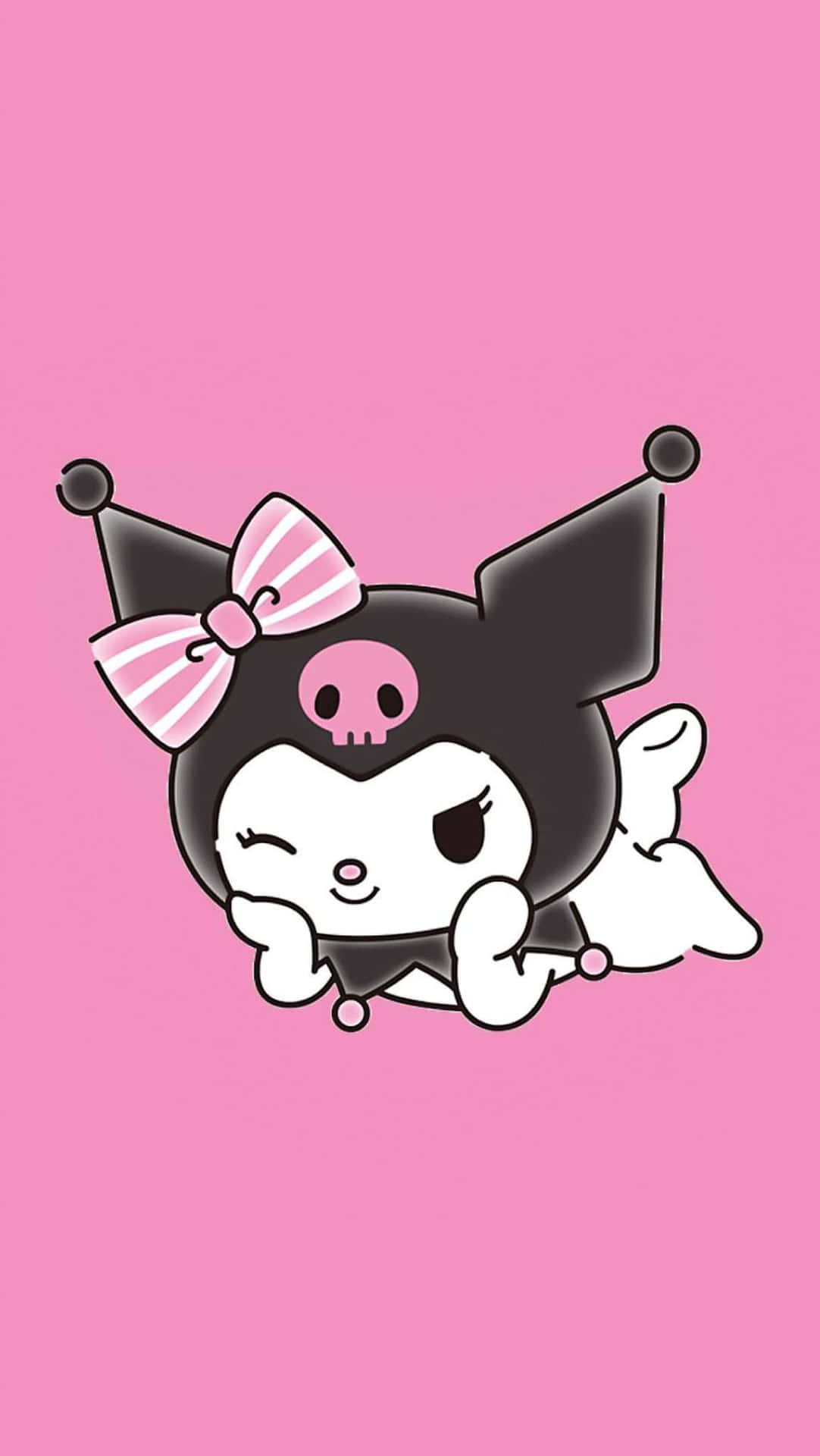 Download Kuromi, the mischievous yet adorable character from Sanrio, posing playfully on a vibrant background. Wallpaper