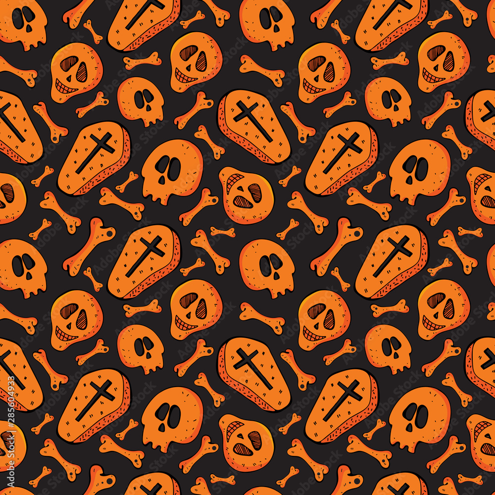 Seamless skull, bone and coffin pattern on black background in vector. Orange skeleton background. Bright design for textiles, paper, Wallpaper, packaging. Festive decoration Halloween Stock Vector