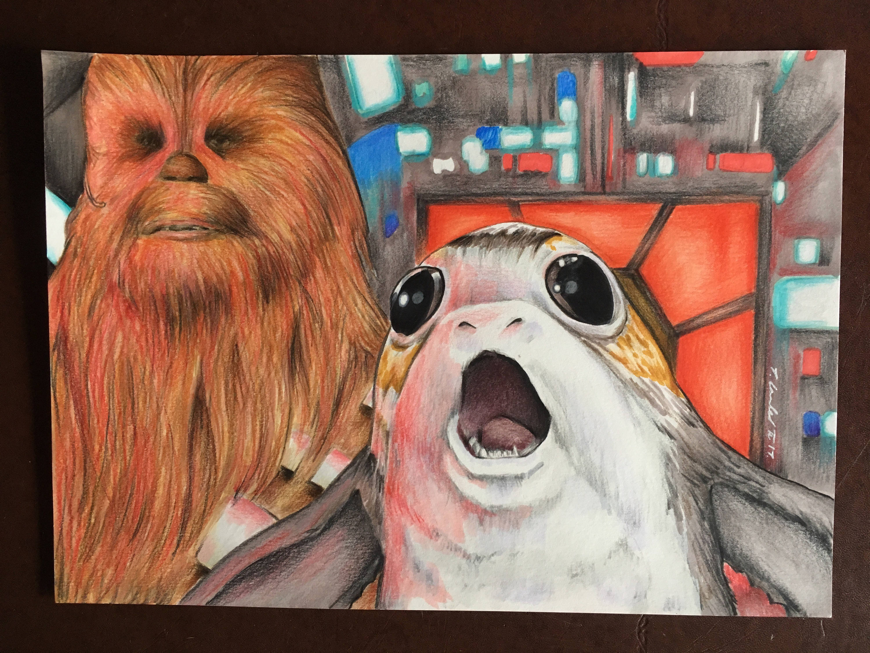 Porg & Chewbacca Original Drawing Fan Art A4. Star Wars The