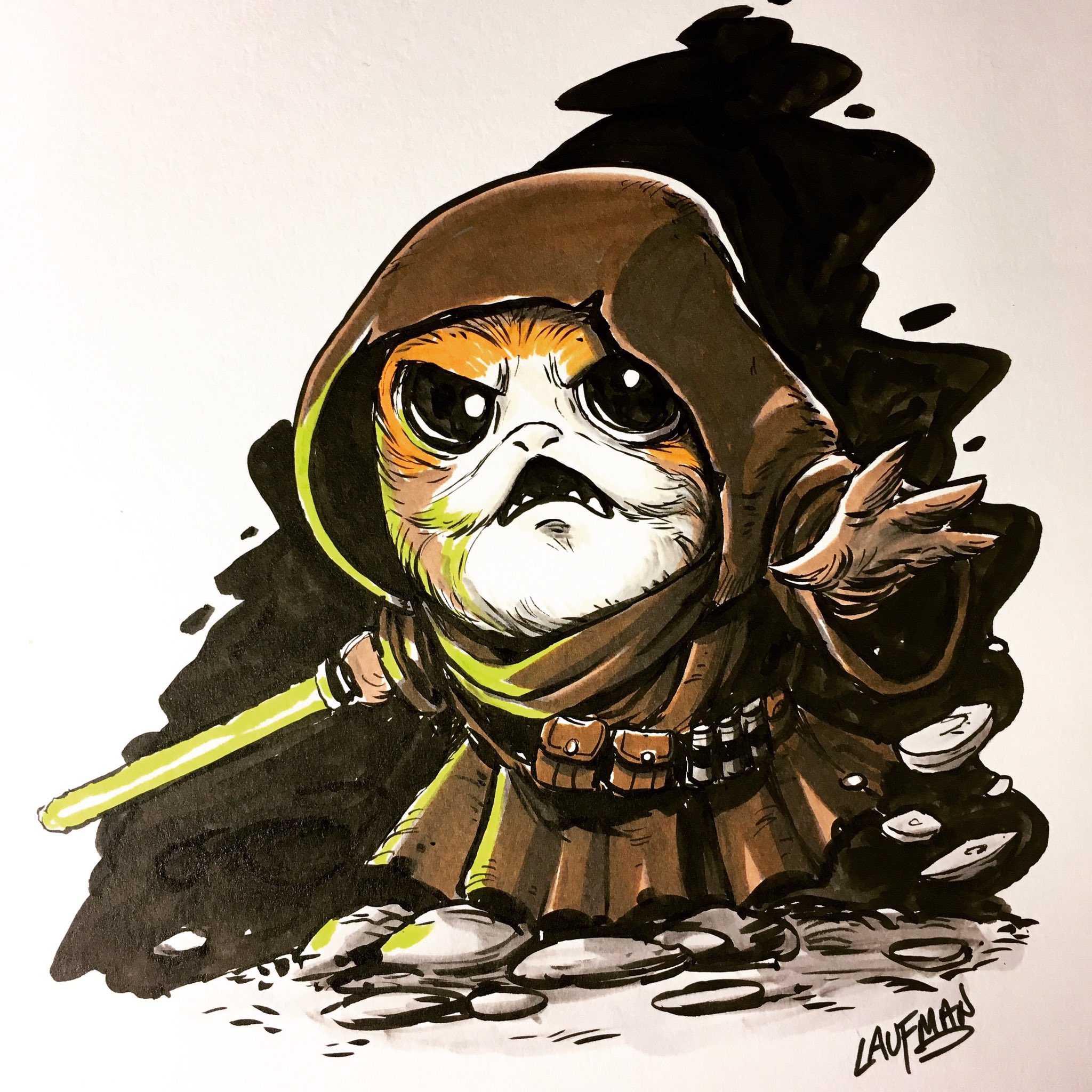 Derek Laufman Day 12 Jedi. I think we all know who the last Jedi really is! #starwars #thelastjedi #porg #inktober #inktober2017
