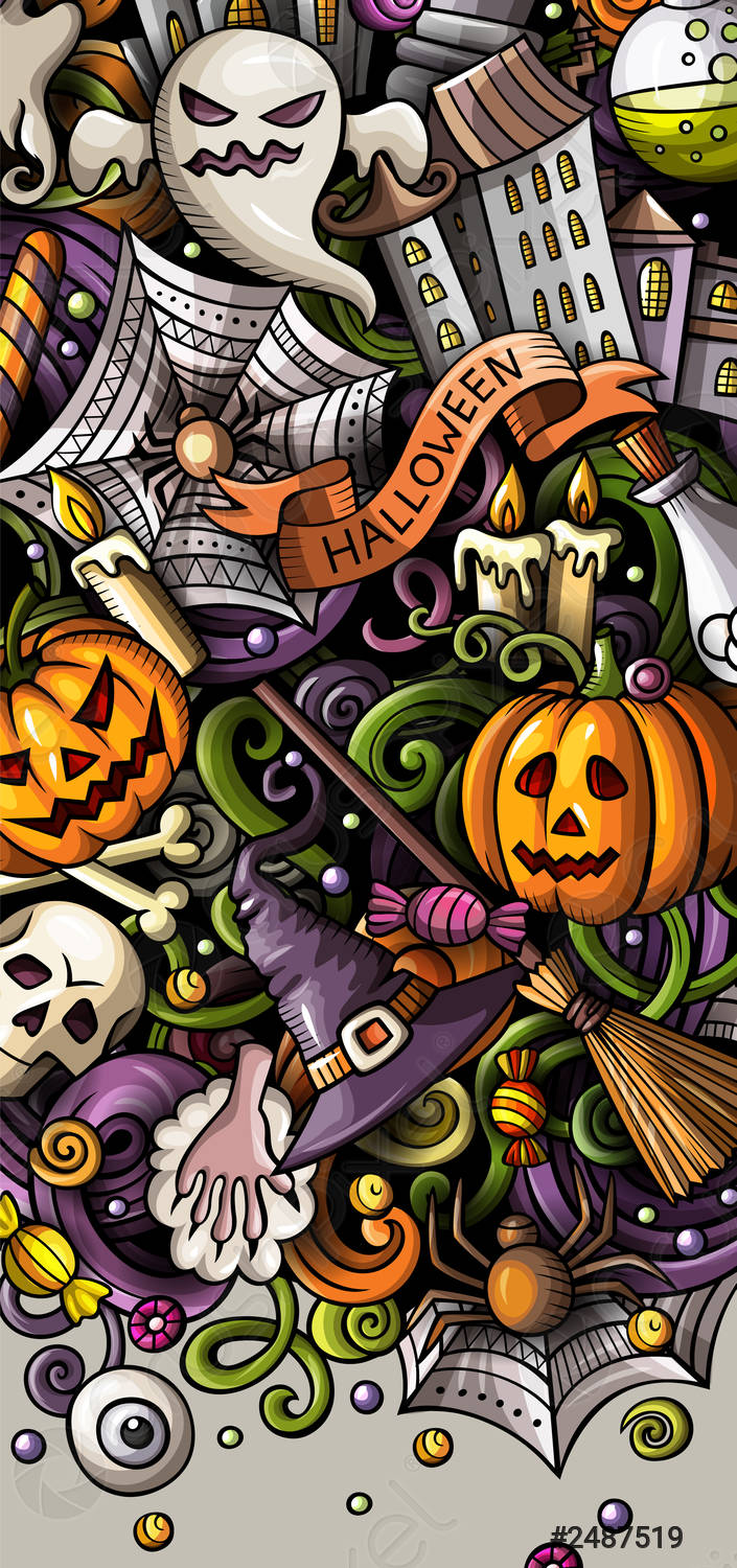 Cartoon cute colorful vector hand drawn doodles Halloween background Vertical vector 2487519