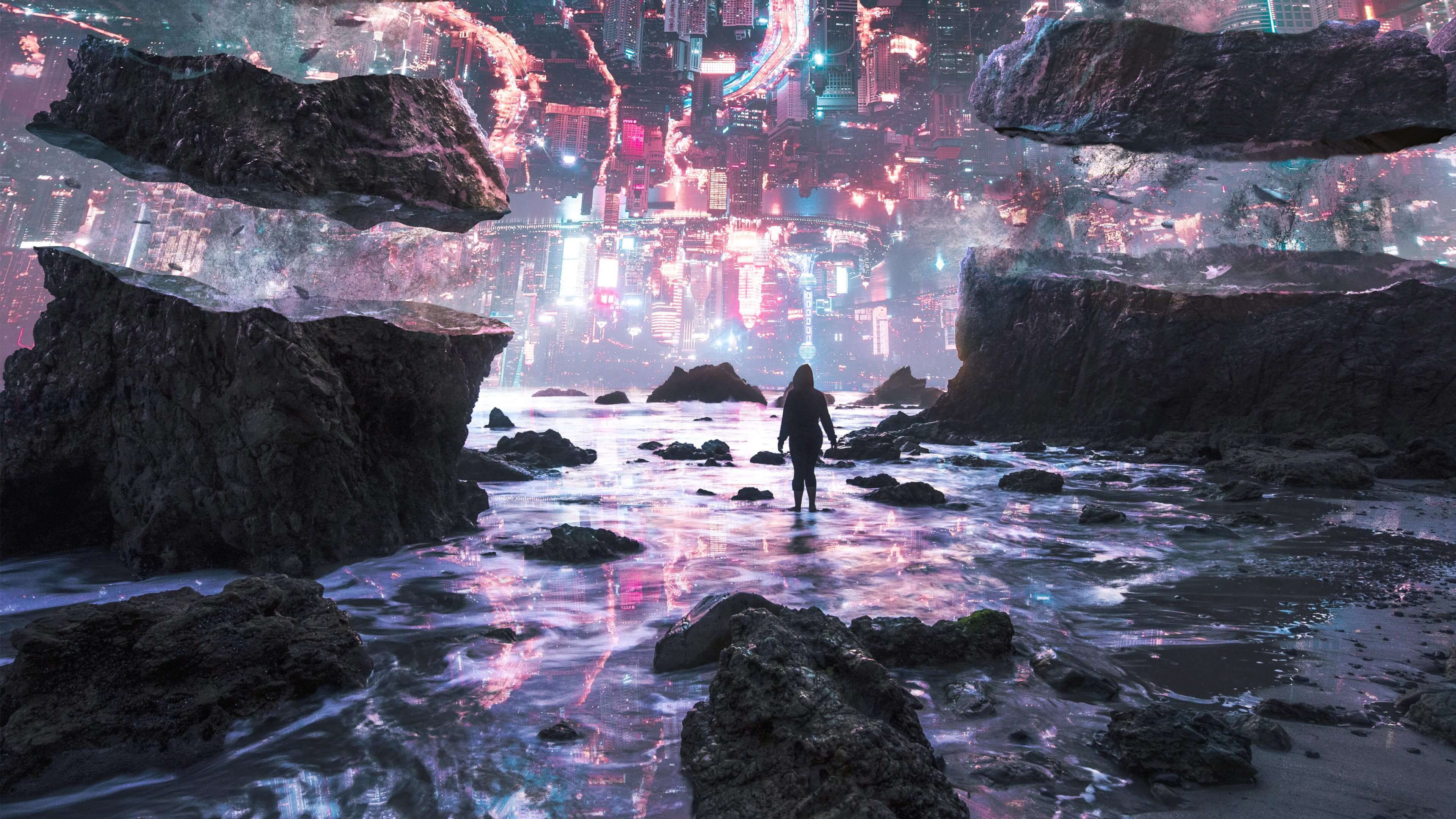 Download wallpaper 3840x2160 rocks, fantasy, outdoor, futuristic city, cityscape, art 4k wallpaper, uhd wallpaper, 16:9 widescreen 3840x2160 HD background, 15963