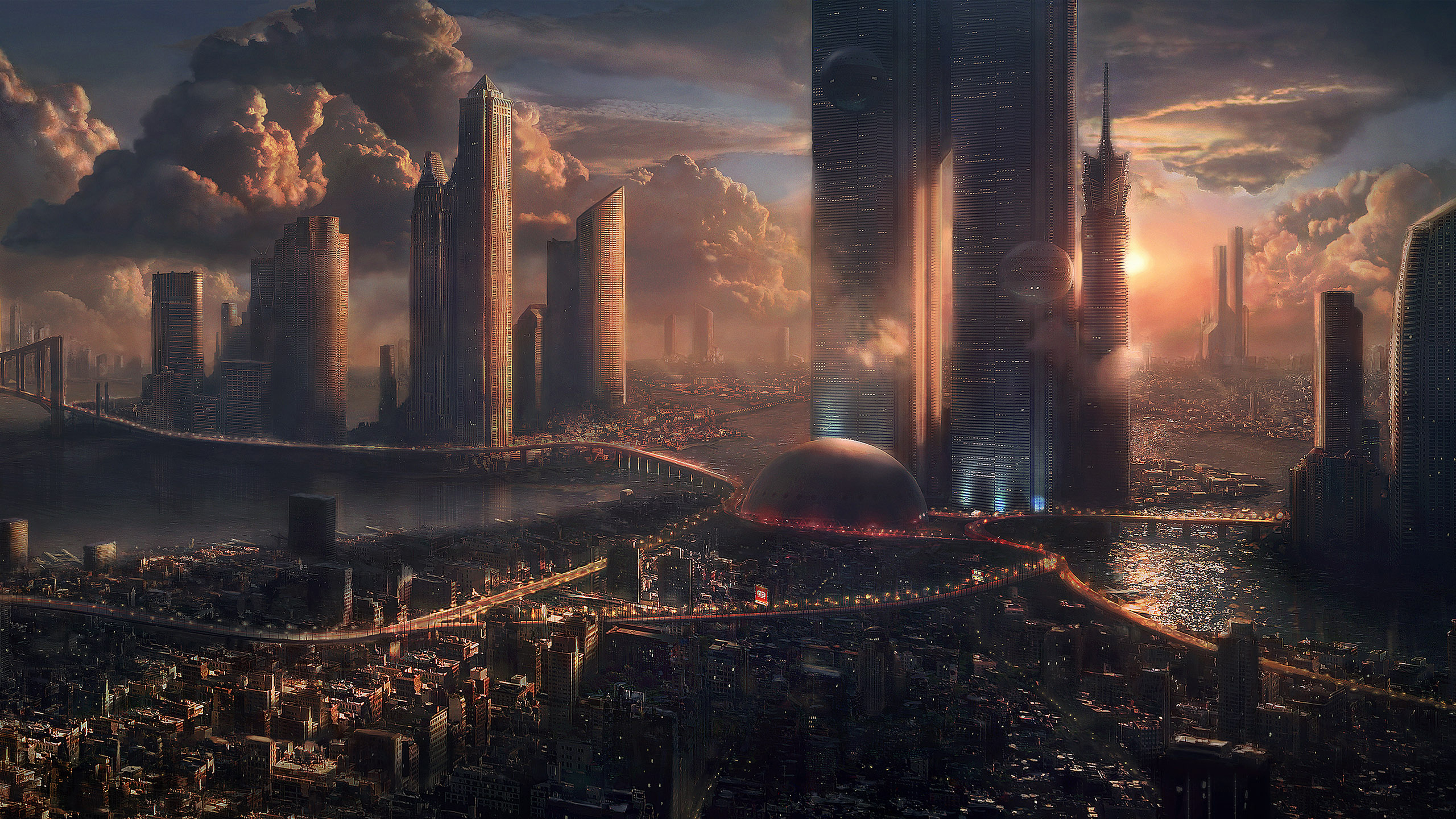 Wallpaper, fantasy city, futuristic city, 3D 2560x1440