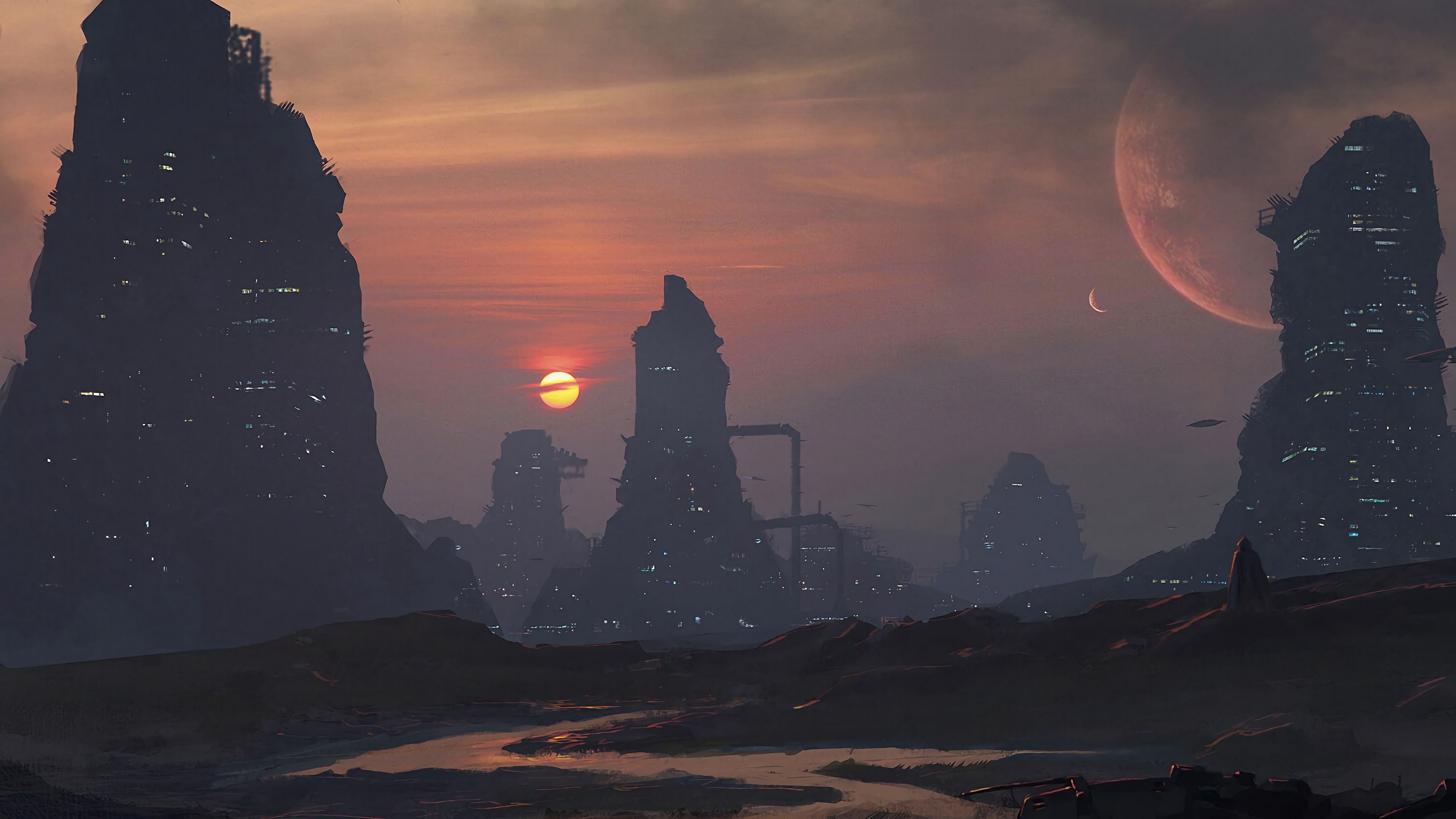 Download wallpaper 3840x2160 futurism, fantasy, city, sunset, art 4k uhd 16:9 HD background