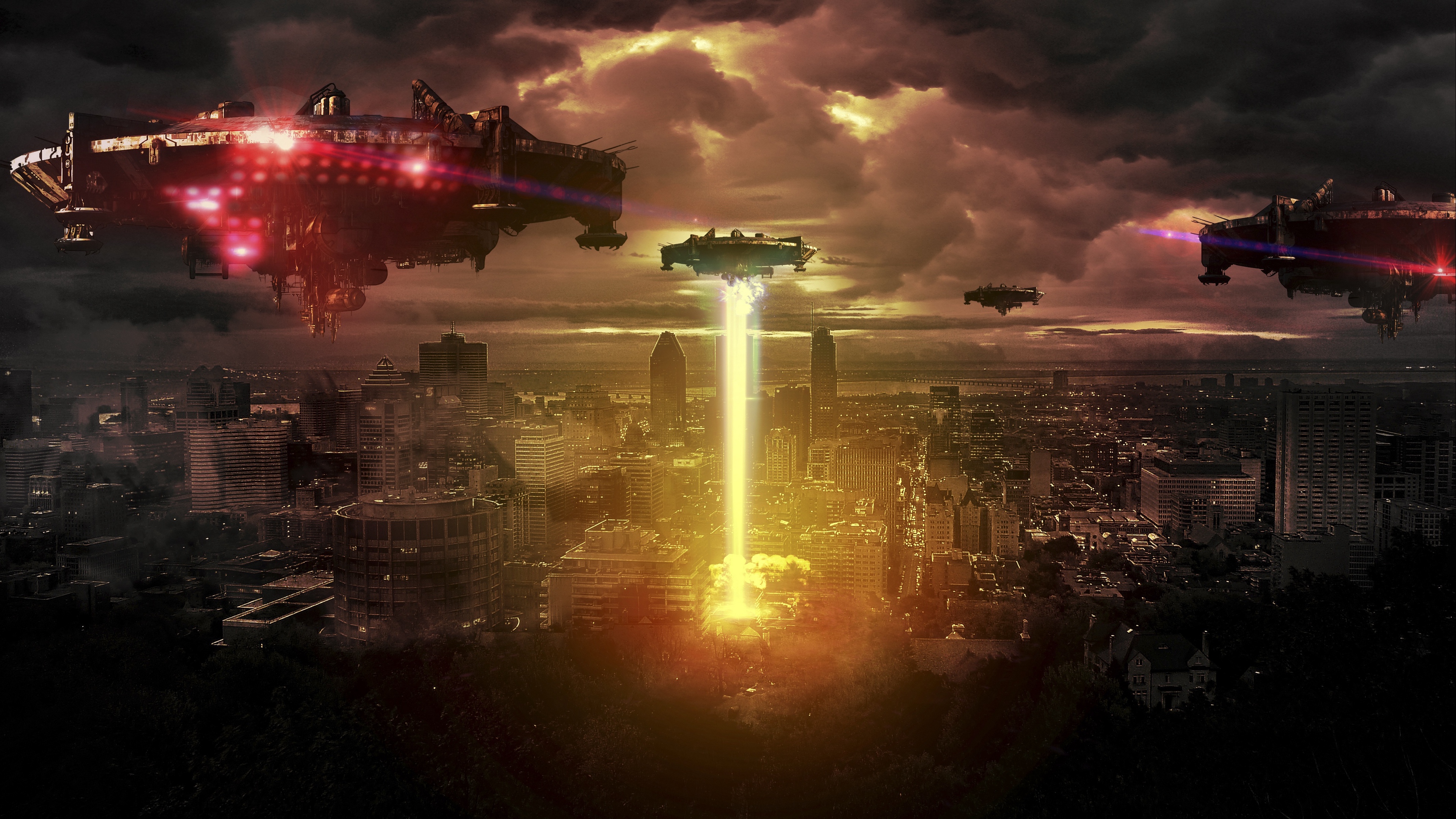 space ships, fantasy, city, night 4k Wallpaper 4K