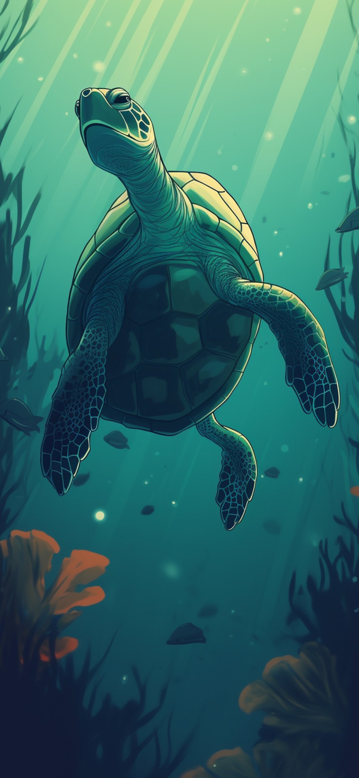 Turtle Underwater Green Wallpaper