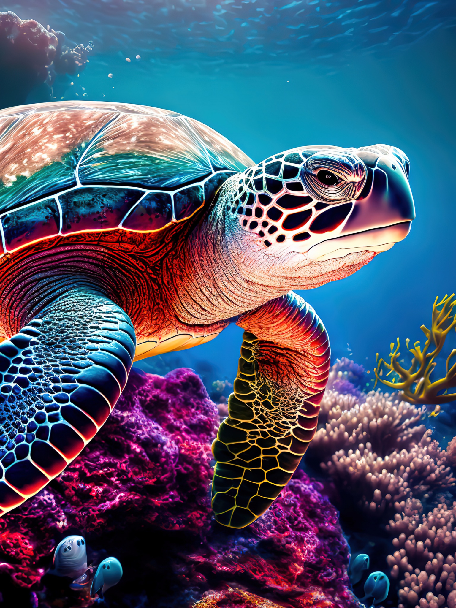 Sea Turtle Wallpaper 4K, AI art, Coral reef, Colorful