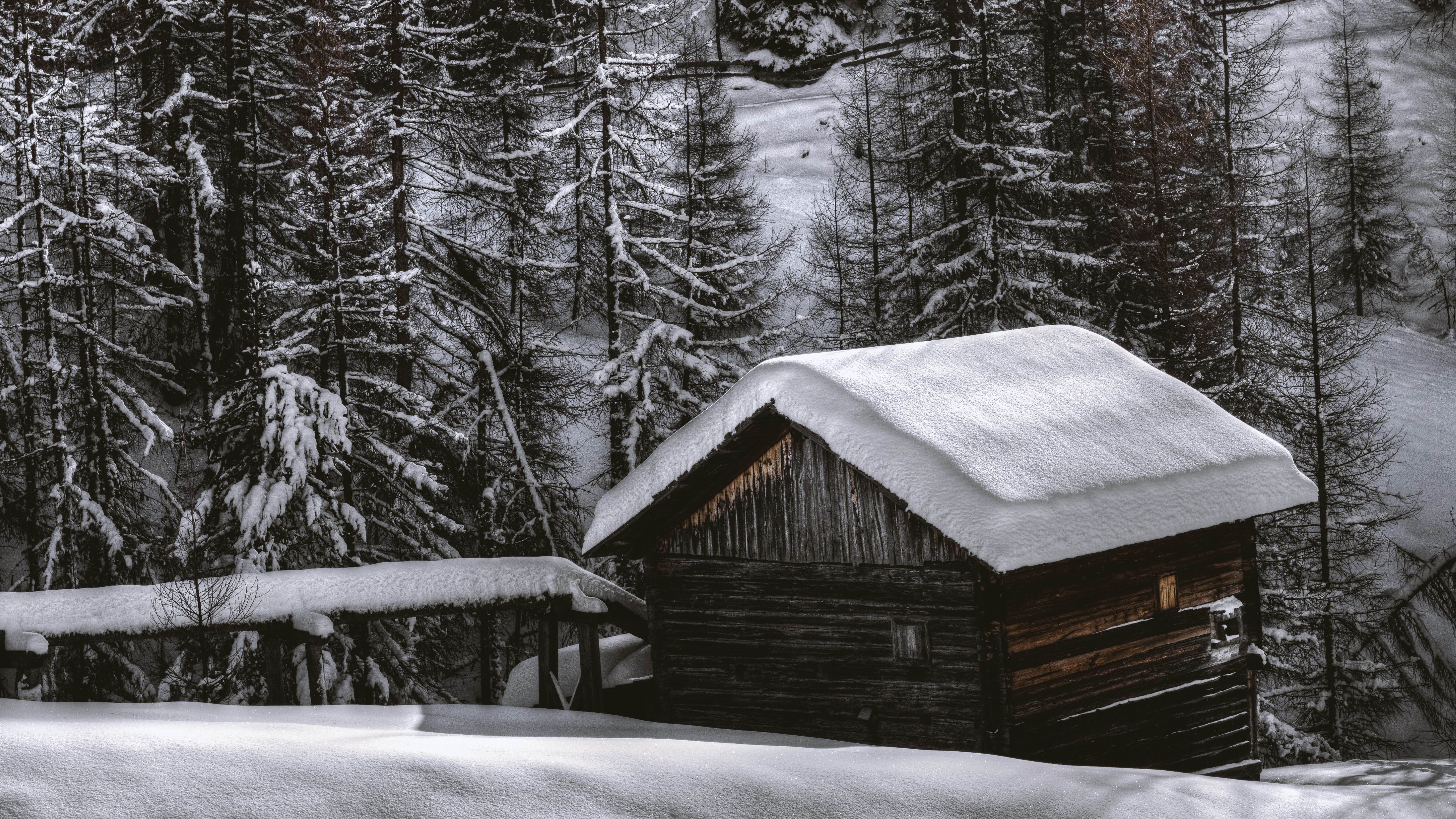 Download wallpaper: The house from the snow forest 5120x2880