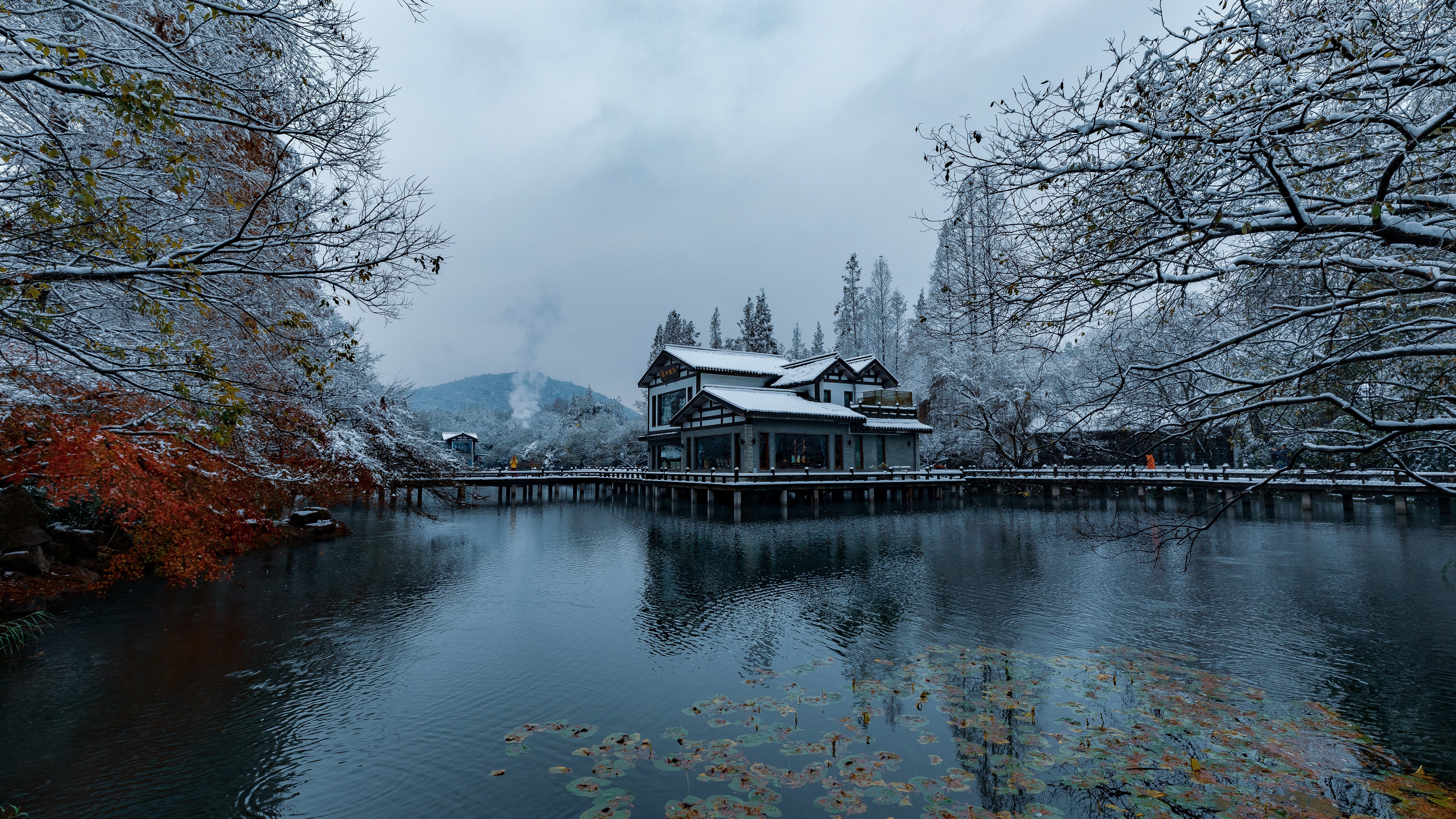 Picture China Hangzhou Winter Snow Lake Parks Houses 5120x2880