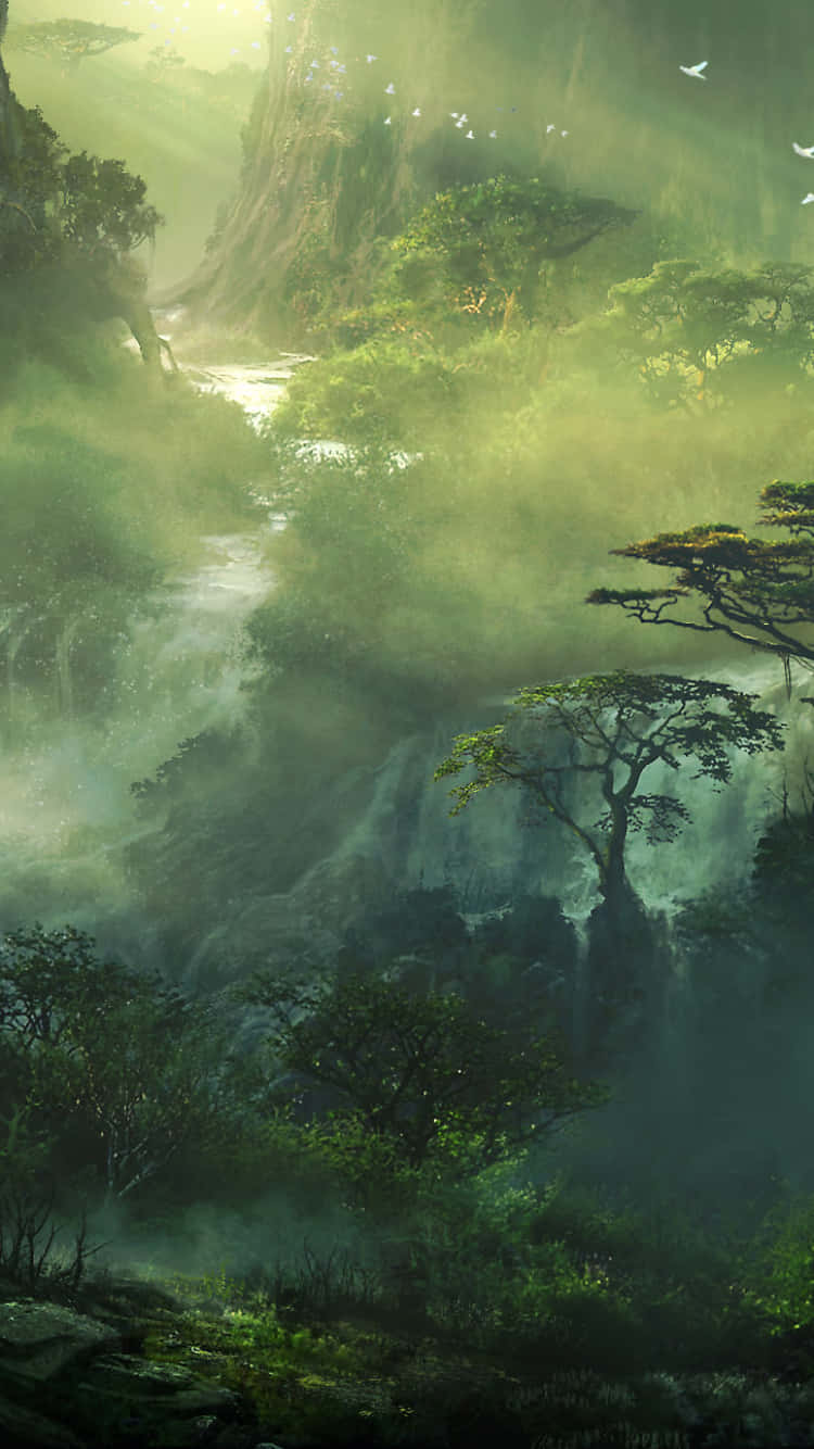 Download A Forest With Trees And A Waterfall Wallpaper
